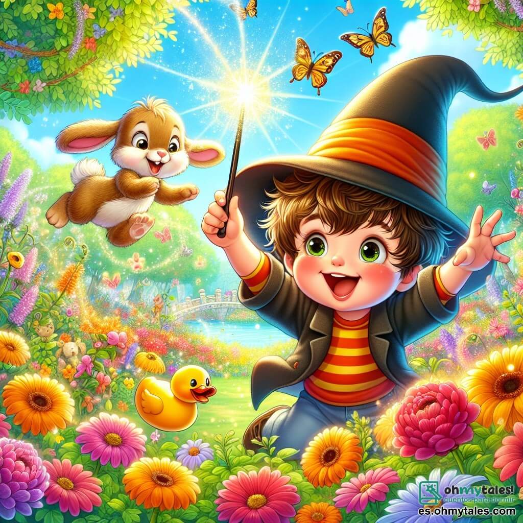 Un niño de 3 años, Lucas, con cabello castaño desordenado y una gran sonrisa, lleva un sombrero de mago demasiado grande y agita una varita brillante. Está bailando en un jardín colorido, rodeado de flores vibrantes que parecen reír y moverse al ritmo de su magia. A su lado, un conejito llamado Max, de 2 años, con pelaje suave y largas orejas, salta alegremente, con ojos chispeantes. Un pato de plástico, el "Pato Rey", hace piruetas con una expresión cómica, añadiendo humor a la escena. El jardín es un lugar encantador, lleno de flores multicolores, mariposas y árboles verdes bajo un cielo azul brillante. Rayos de sol filtran a través de las hojas, creando una atmósfera mágica. La escena principal muestra a Lucas levantando su varita mientras ríe, las flores bailan a su alrededor y el Pato Rey hace acrobacias, todos divirtiéndose juntos en una alegre fiesta de magia.