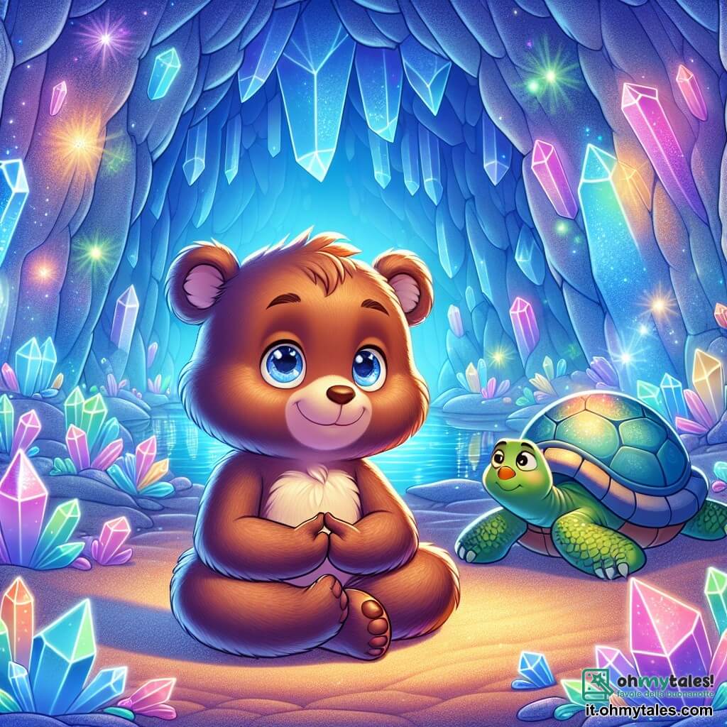 Un giovane orso bruno di nome Arturo, con occhi scintillanti di curiosità e un pelliccia morbida e setosa, è seduto pacificamente al centro di una grotta di cristallo. Respira profondamente, con un leggero sorriso sul volto, mentre riflessi colorati danzano attorno a lui, creando un'atmosfera rilassante. Accanto a lui, una grande tartaruga saggia, Tilda, con un guscio brillante e occhi saggi, osserva Arturo con benevolenza. La grotta è illuminata da cristalli scintillanti, proiettando riflessi di luce in tonalità di blu, verde e rosa sulle pareti. Il pavimento è coperto da un morbido tappeto di sabbia fine, e fiori luminescenti crescono qua e là, aggiungendo un tocco di magia all'ambiente. Arturo, in meditazione, pratica una respirazione lenta e profonda, circondato da colori rilassanti, mentre Tilda lo incoraggia silenziosamente a connettersi con le sue emozioni e a trovare la serenità.