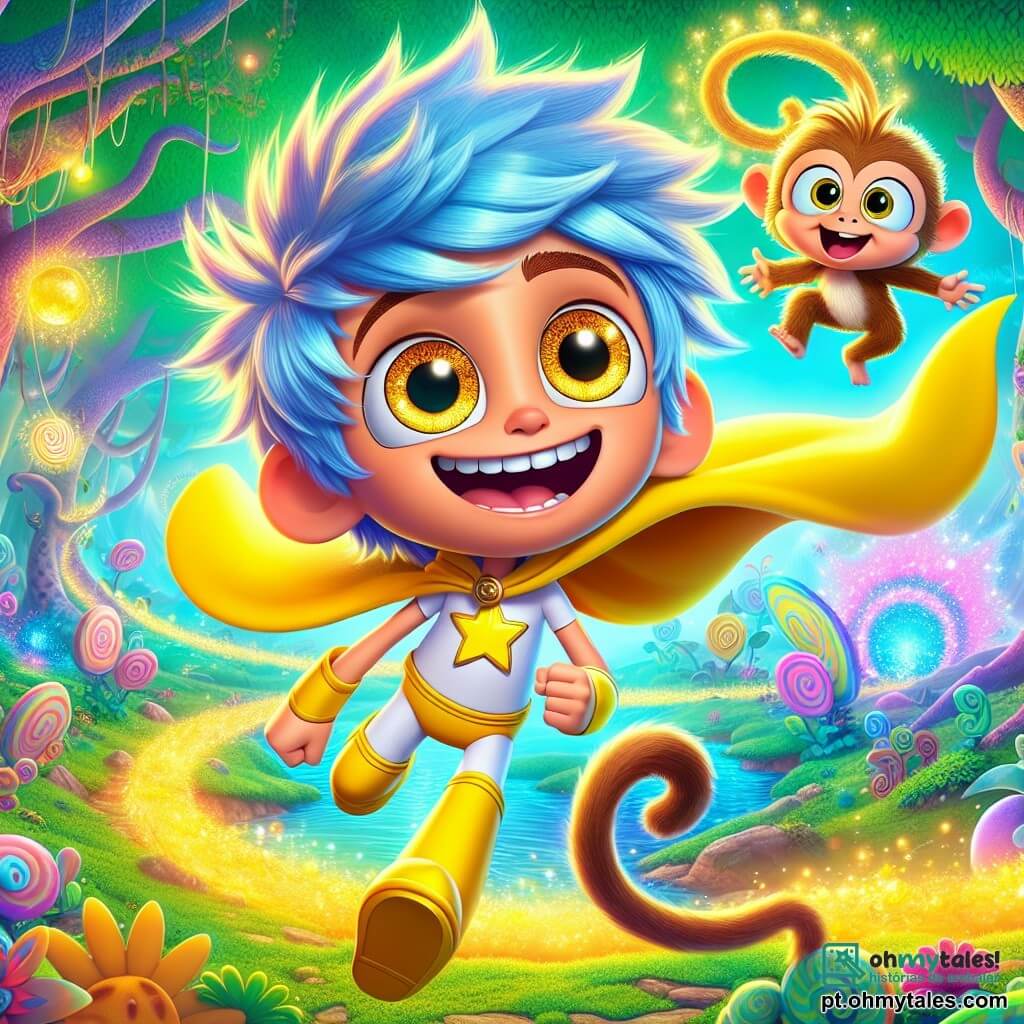 Super Lúcio é um jovem garoto com cabelos azul elétrico bagunçados e olhos dourados que brilham como estrelas. Ele usa uma capa amarela brilhante que flutua atrás dele enquanto voa, com um grande sorriso no rosto, demonstrando sua determinação e alegria. Ao seu lado, Pipoca, um pequeno macaco travesso com pelagem marrom claro e uma cauda enrolada, pula de alegria, seus olhos brilhando de excitação. A cena ocorre na floresta mágica de Brilhaluz, onde as árvores com folhas multicoloridas cintilam sob o sol, e rios de suco de frutas serpenteiam entre rochas de doce. Flores gigantes em tons vibrantes cercam os personagens, acrescentando à atmosfera encantada. Super Lúcio e Pipoca estão voando juntos em direção à Cidade das Borboletas, pois ouviram um grande barulho e querem descobrir o que está acontecendo. A expressão de Lúcio mostra que ele está pronto para um desafio, enquanto Pipoca parece ansioso e curioso.