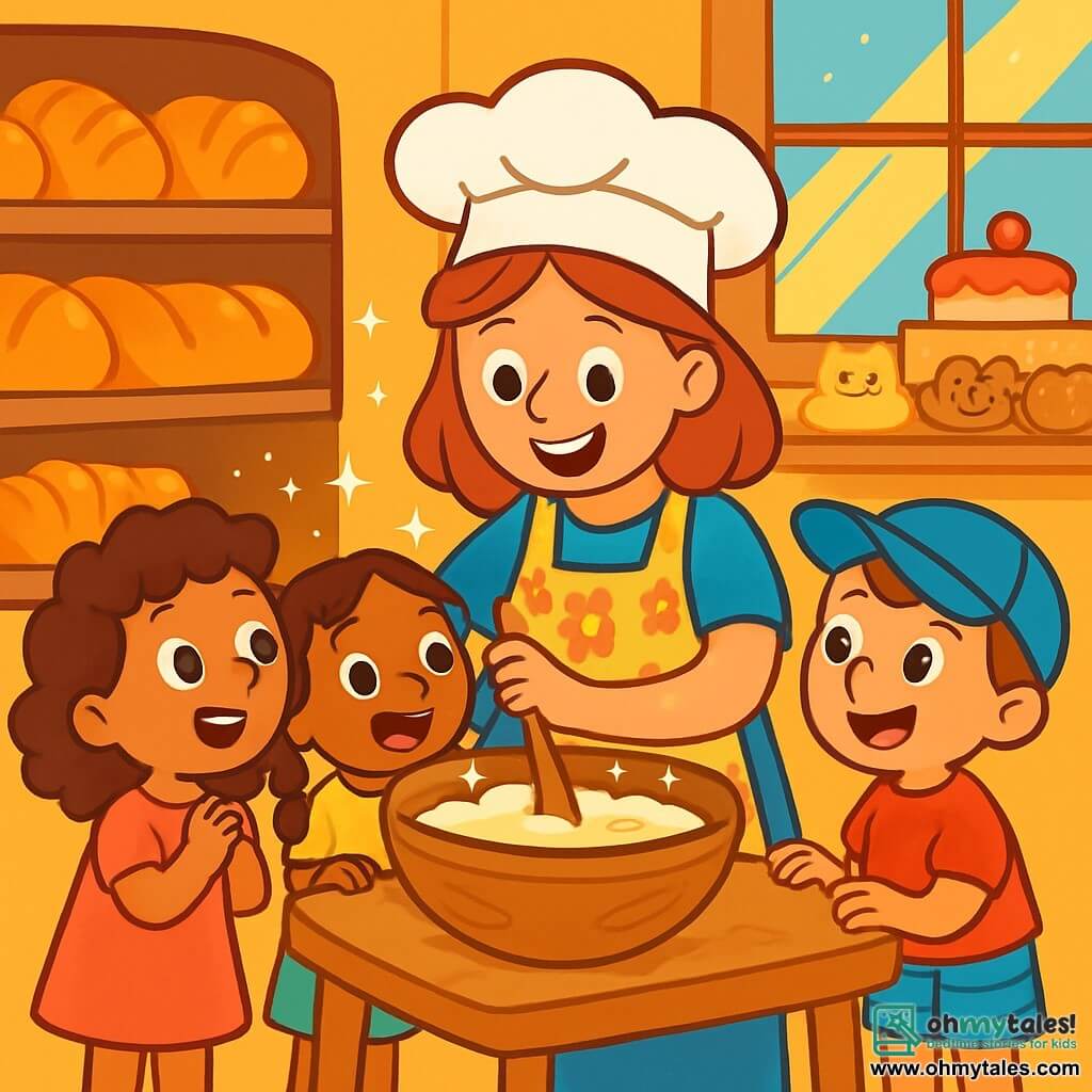 A smiling woman, Bella, wearing a large white hat and a floral apron, is mixing dough in a big wooden bowl. Her eyes sparkle with joy and her face is lit up by a wide smile. Next to her, three children, two girls and a boy, about 6 years old, watch in wonder. The first girl has curly hair and wears a pink dress, the second girl has braids and a yellow t-shirt, while the boy has a blue cap and striped shorts. They are all standing on a small stool, trying to reach the work table. The scene takes place in a cozy bakery, with shelves filled with golden bread, colorful cakes, and animal-shaped cookies. Sun rays filter through the windows, illuminating the flour dancing in the air. Bella and the children are preparing a new recipe for magical bread, mixing ingredients enthusiastically, while small sparkling stars float around them, adding a touch of magic to their culinary adventure.