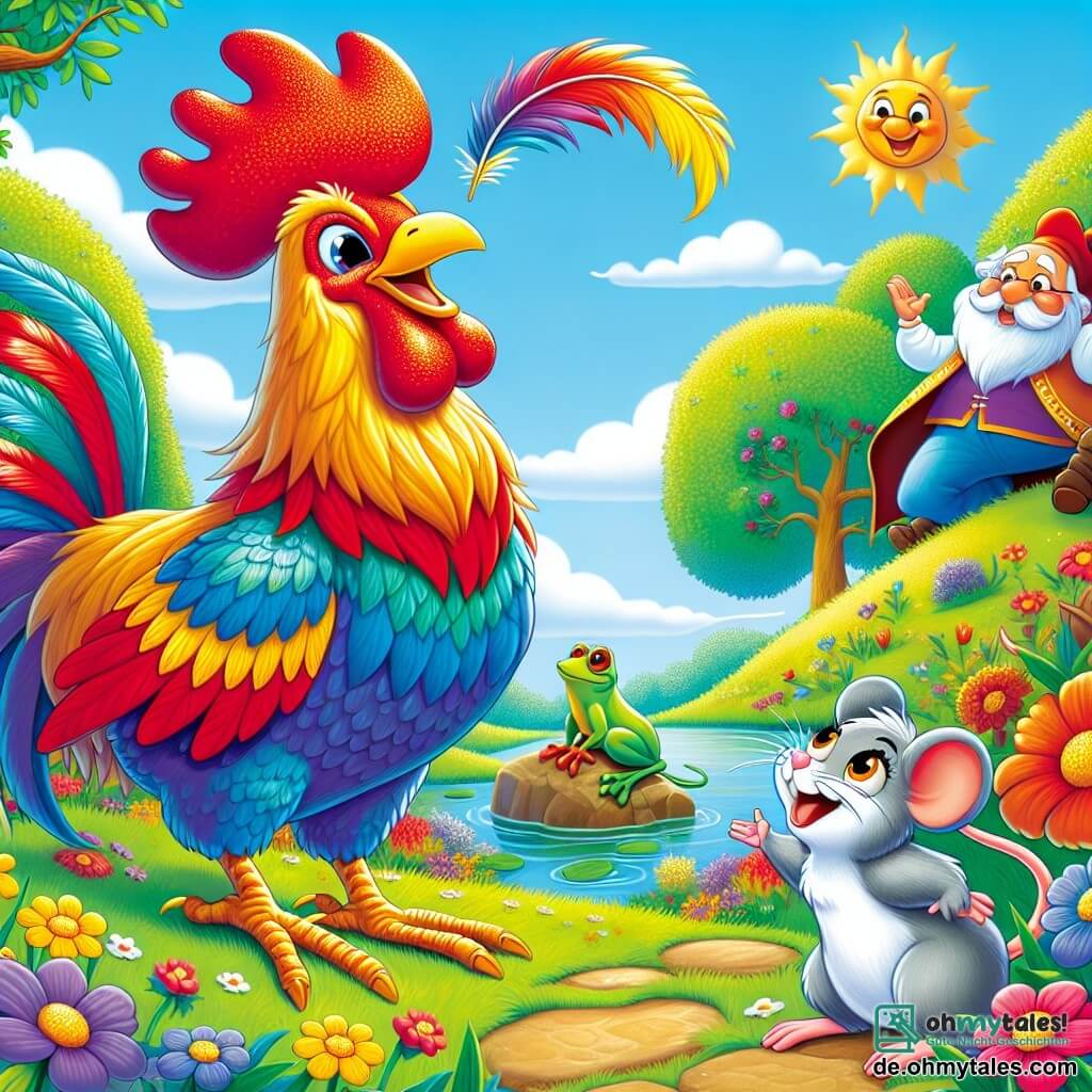 Ein fröhlicher Hahn namens Coco, mit leuchtend bunten Federn in Rot, Blau und Gelb, steht stolz auf einem kleinen Hügel. Sein Kopf ist mit einer glänzenden goldenen Feder geschmückt, die in der Sonne funkelt, und sein Gesichtsausdruck ist voller Entschlossenheit und Glück. Neben ihm schaut eine kleine graue Maus namens Mia mit großen neugierigen Augen und einem ermutigenden Lächeln zu Coco, bereit, ihm bei seiner Suche zu helfen. Im Hintergrund ruht eine alte grüne Frosch namens Frido auf einem Stein am Rande eines Teiches und beobachtet die Szene mit weisem Blick. Der Ort ist ein charmant sonniger Garten, gefüllt mit bunten Blumen, grünen Bäumen und einem klaren blauen Himmel. Die Hauptsituation zeigt Coco und Mia, die nach der verlorenen wertvollen goldenen Feder suchen, mit Ausdrücken von Aufregung und Freundschaft auf ihren Gesichtern, während sie den fröhlichen Garten erkunden.