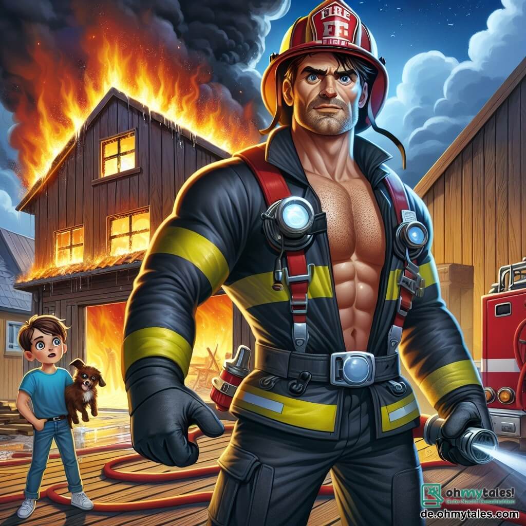 Ein Feuerwehrmann, ein großer und muskulöser Mann mit einem glänzenden roten Helm und einer gelb-schwarzen Uniform, steht mutig vor einem brennenden Lagerhaus. Sein Gesicht zeigt intensive Entschlossenheit, mit zusammengezogenen Augenbrauen und konzentrierten Augen, während er einen Feuerwehrschlauch hält, bereit, die Flammen zu löschen. Neben ihm steht ein etwa 8-jähriger Junge namens Tim, mit zerzausten braunen Haaren und einem blauen T-Shirt, der bewundernd zusieht. Er steht etwas zurückgezogen, mit weit aufgerissenen Augen der Faszination, und hält einen kleinen Hund in seinen Armen, den er gerade gerettet hat. Der Ort ist ein Holzlagerhaus mit von Rauch geschwärzten Wänden und Flammen, die aus den zerbrochenen Fenstern schlagen. Der Himmel ist rot und orange gefärbt durch das Feuer, während Rauchwolken in den blauen Himmel aufsteigen. Die Hauptsituation zeigt den Feuerwehrmann, der bereit ist, in das brennende Lagerhaus einzutreten, um Menschen und Tiere zu retten, während Tim, mit einer Mischung aus Besorgnis und Stolz, den kleinen Hund hält, den er gerettet hat, was Mut und Teamgeist verdeutlicht.