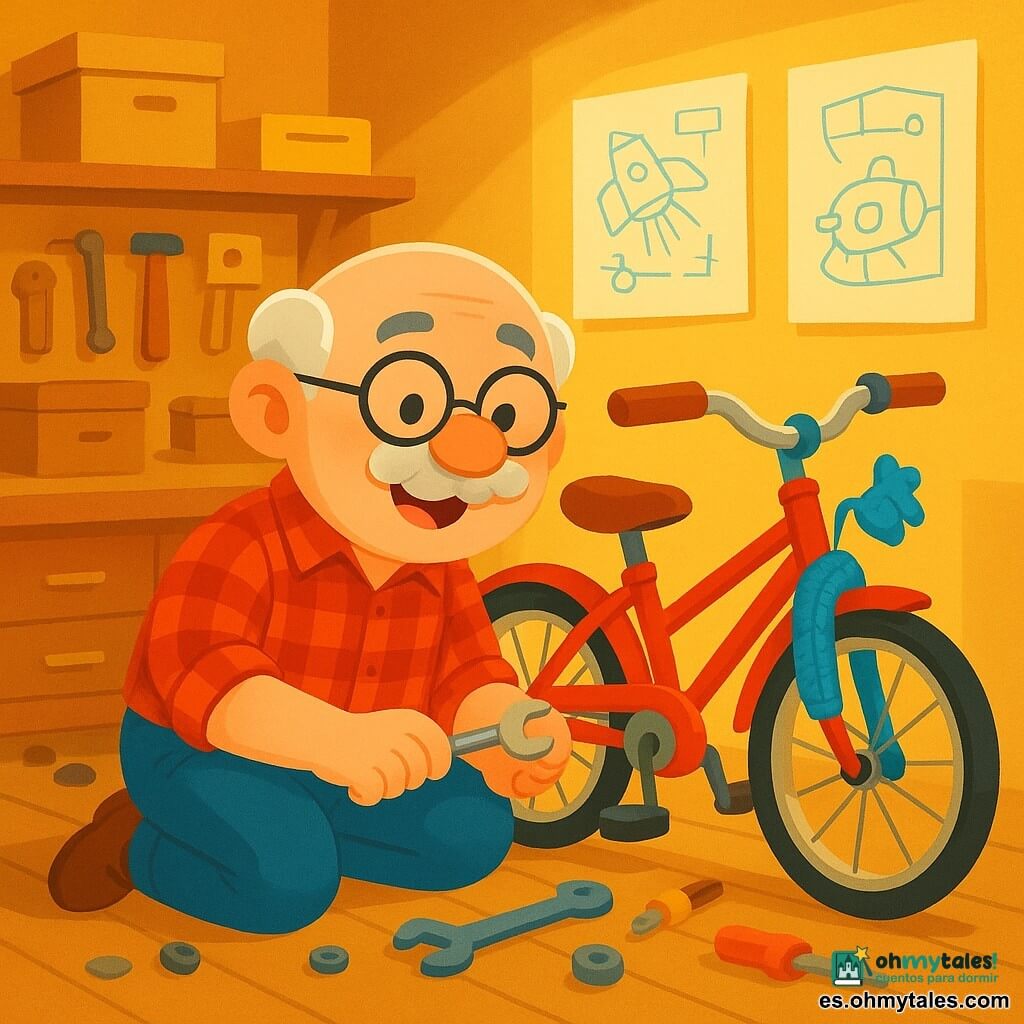 Un hombre de unos 60 años, con una sonrisa cálida, un gran bigote suave y gafas redondas, está sentado en el suelo de su taller. Lleva una camisa de cuadros rojos y pantalones azules, y está reparando su bicicleta roja, con los ojos brillantes de emoción y curiosidad. A su lado, su fiel bicicleta, adornada con una pequeña campanita azul y una bufanda de lana, parece casi viva, lista para la aventura. El taller está lleno de cajas de madera, herramientas de colores y piezas de metal brillantes, con rayos de sol filtrándose por una ventana, iluminando la escena con luz dorada. Dibujos de máquinas e inventos están colgados en las paredes, añadiendo un toque de creatividad al ambiente. La situación principal muestra el momento en que el señor Tomás descubre una pequeña ramita atrapada en los radios de la rueda de su bicicleta. Se inclina con atención, con una sonrisa de satisfacción en el rostro, listo para resolver el misterio del ruido “cric-cric” de su valiosa bicicleta.