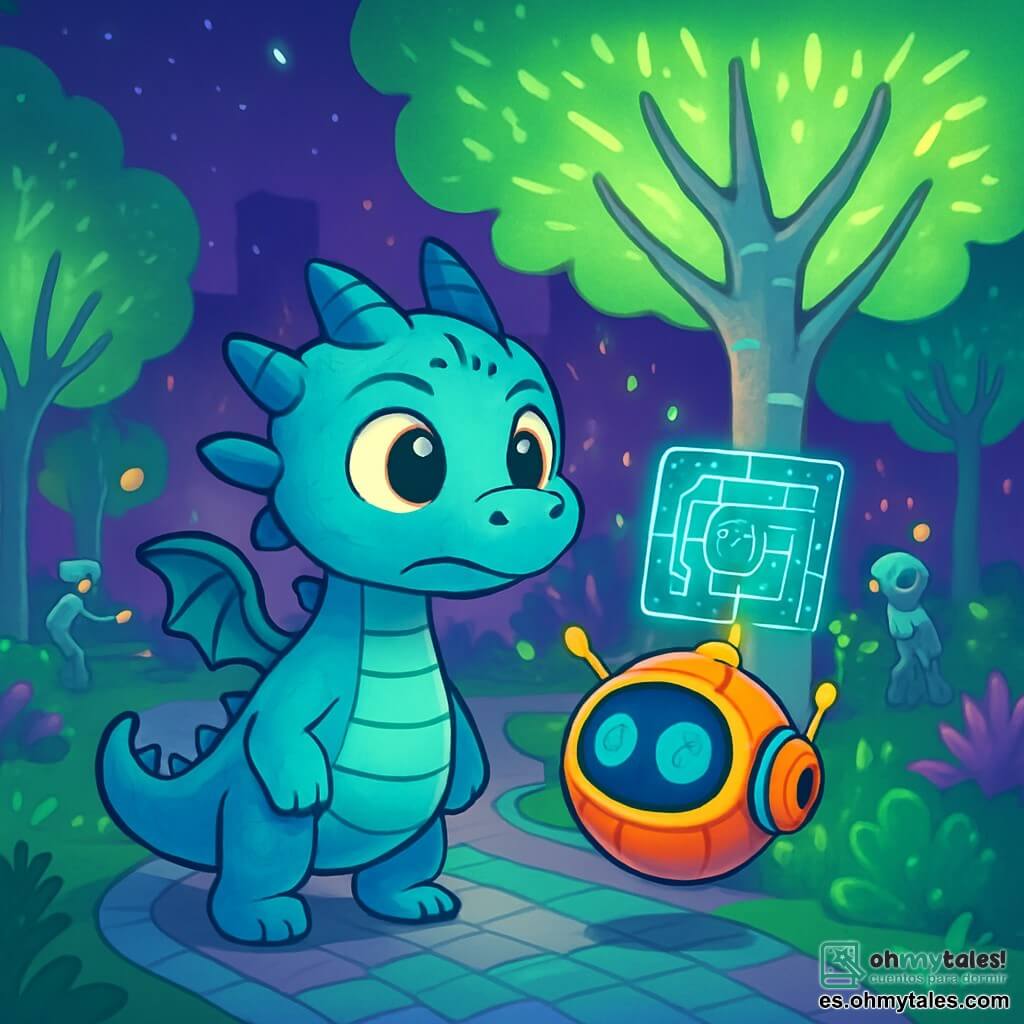 Zilo, un joven dragón con escamas azul turquesa brillantes y ojos curiosos, se encuentra en el centro del parque central de Luminópolis, con aire decidido e intrigado. Observa los árboles luminosos que parpadean, sus pequeñas alas plegadas en su espalda, listo para explorar. A su lado, Chip, un pequeño robot esférico de colores vivos, flota alegremente, con ojos holográficos parpadeando de preocupación. Proyecta imágenes de circuitos desordenados, tratando de entender el problema. El parque está lleno de grandes árboles con troncos plateados y hojas fosforescentes, iluminando el suelo con tonos verdes y violetas. Caminos de mosaico serpentean entre las plantas inteligentes, mientras que robots jardineros trabajan en el fondo, con herramientas brillando a la luz de los neones. Zilo y Chip están frente a un árbol que parpadea de manera errática, decididos a descubrir la fuente de este misterio luminoso.