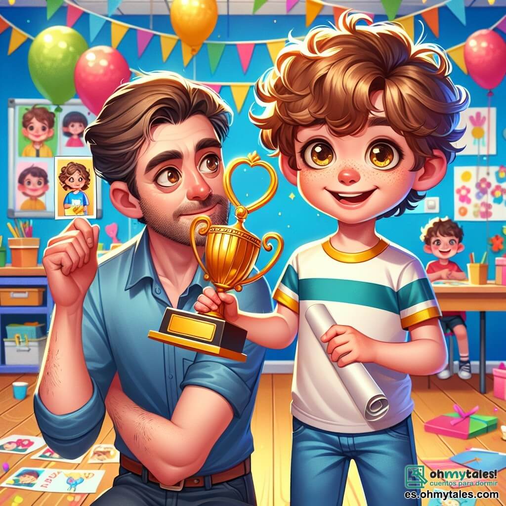 Un niño de 10 años, Nico, con cabello castaño y rizado, y ojos llenos de curiosidad, se encuentra en el centro de la imagen, sosteniendo un hermoso trofeo dorado en una mano y una foto enrollada en la otra. Su rostro expresa gran alegría y emoción, mientras sonríe ampliamente, listo para regalar su obsequio a su padre. A su lado, su padre, un hombre de unos 35 años, con cabello castaño y una barba ligera, mira a su hijo con ojos emocionados y una sonrisa orgullosa. Lleva una camisa casual y jeans, ligeramente inclinado hacia adelante, mostrando su interés y afecto. La escena tiene lugar en un aula colorida, decorada con globos y guirnaldas para el Día del Padre, con dibujos de niños en las paredes y una gran mesa cubierta de regalos y tarjetas hechas a mano. La situación principal muestra a Nico entregando su regalo a su padre durante la celebración del Día del Padre en la escuela, un momento lleno de emoción y ternura, donde el amor y la gratitud se mezclan en el aire festivo de la celebración.