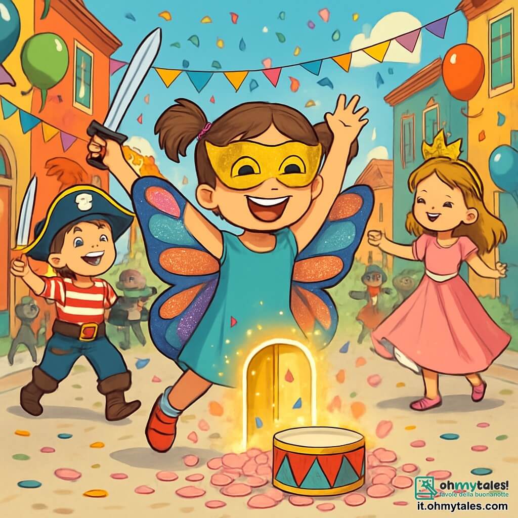 Una ragazza di 10 anni, di nome Giulia, è al centro dell'immagine, raggiante di gioia con un grande sorriso. Indossa un costume da farfalla con ali multicolori, scintillanti di paillettes, e una maschera dorata che brilla sotto il sole. I suoi capelli castani sono raccolti in due codini e danza con entusiasmo, le braccia alzate verso il cielo. Accanto a lei, un ragazzo di 9 anni, travestito da pirata con un cappello nero ornato da una piuma rossa, brandisce una spada di plastica. Ride facendo gesti esagerati, contribuendo all'atmosfera festosa. Un'altra bambina, di 8 anni, vestita da principessa con un abito rosa e una corona scintillante, gira su se stessa, le braccia aperte, circondata da petali di fiori che cadono dolcemente. Lo sfondo è una strada animata, fiancheggiata da case colorate, decorate con festoni di luci e palloncini fluttuanti. I coriandoli volano nell'aria e gruppi di bambini mascherati ballano e giocano intorno a loro, creando un'atmosfera di festa gioiosa. La scena principale mostra Giulia che scopre un tamburo magico ai suoi piedi, circondata da petali rosa, mentre una pioggia di coriandoli scintillanti cade intorno a lei, rivelando una porta dorata misteriosa che si apre su un mondo incantato.
