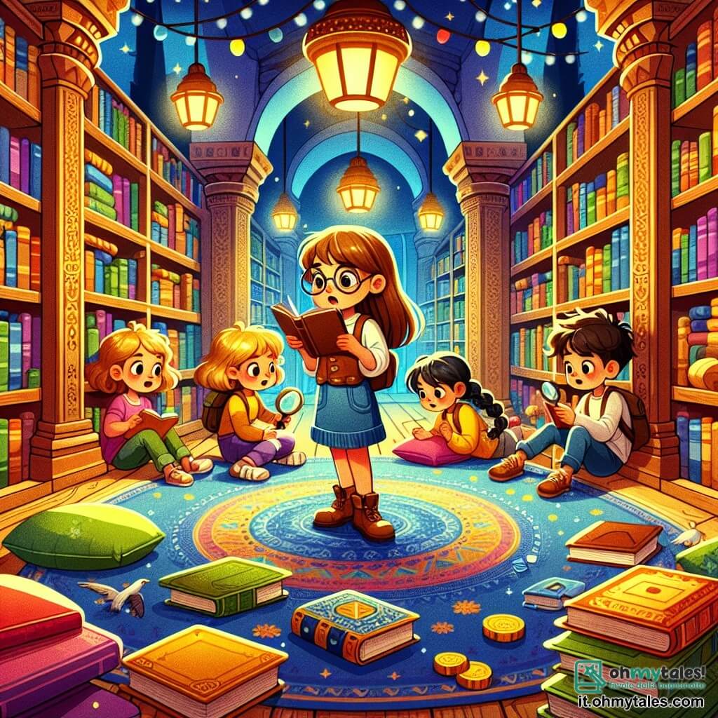Una ragazza di 8 anni, di nome Giulia, con lunghi capelli castani e occhiali rotondi, mostra un'espressione di eccitazione e determinazione. Tiene un quaderno e una piccola lente, scrutando attentamente il pavimento della biblioteca. Accanto a lei, il suo amico Luca, un ragazzo di 8 anni con capelli biondi arruffati, guarda la mappa dorata che hanno trovato, con aria curiosa e intrigata. Fatima, una ragazza di 8 anni con capelli neri e intrecciati, è accovacciata vicino a uno scaffale, esaminando un libro con un'espressione concentrata. La scena si svolge in una biblioteca accogliente, con grandi scaffali di legno pieni di libri colorati, tappeti morbidi e luci soffuse che creano un'atmosfera invitante. Al centro, un grande tappeto blu è steso, e cuscini sono sparsi attorno, invitando alla lettura. In questa situazione, Giulia e i suoi amici sono in piena indagine per ritrovare il prezioso "Grande Libro delle Avventure Antiche", esplorando la biblioteca con entusiasmo, cercando indizi e sostenendosi a vicenda.
