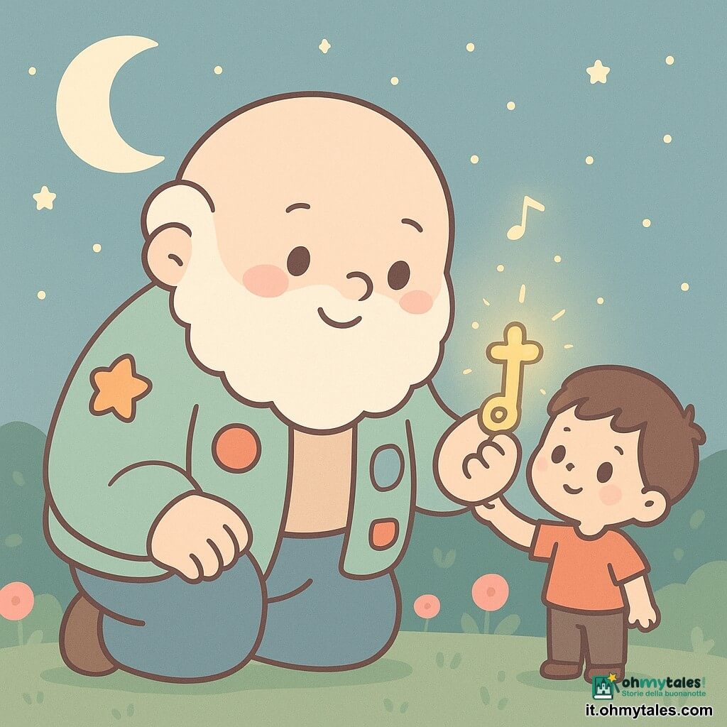 Gigio, un gigante dolce e sorridente con barba bianca soffice e giacca a toppe colorate, tiene tra le dita una piccola chiave brillante; un bimbo di circa quattro anni, capelli castani e occhi curiosi, gli tiene la mano e osserva la chiave meravigliato sull’erba di una radura notturna con prato morbido, fiori rosa e vaniglia, cespugli tondeggianti e una grande luna argentea; la chiave emette un piccolo bagliore dorato e una nota musicale “tin-tin” fluttuante, mentre il gigante si inginocchia per porsi all’altezza del bambino in un’atmosfera calda, calma e dai colori pastello.
