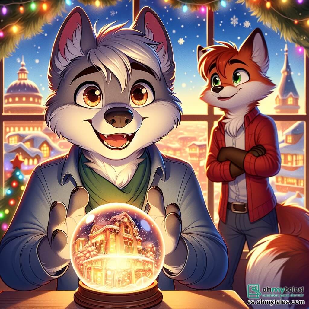 Un pequeño lobo llamado Lucas, con un suave pelaje gris y ojos brillantes de curiosidad, se encuentra en el centro de la escena, maravillado ante una esfera de cristal que brilla con una luz cálida. Tiene una amplia sonrisa en su rostro, mostrando su emoción y alegría. A su lado, un zorro amigable llamado Zafiro, con un pelaje rojizo brillante y ojos traviesos, observa a Lucas con una mirada alentadora, listo para compartir la magia de la Navidad. La escena se desarrolla en un acogedor apartamento, decorado con guirnaldas brillantes y luces de colores, con ventanas que dan a una ciudad iluminada por luces navideñas. Copos de nieve caen suavemente afuera, añadiendo un toque de magia a la atmósfera. Lucas, sosteniendo la esfera de cristal entre sus patas, está a punto de descubrir un mundo mágico, mientras Zafiro lo anima a sumergirse en la aventura. La ilustración captura el momento en que la magia de la Navidad comienza a revelarse, llena de colores vivos y un ambiente festivo.