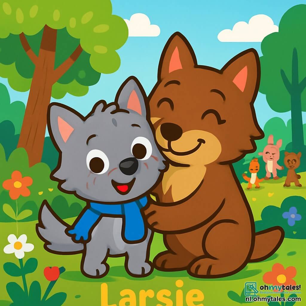 Een kleine wolf genaamd Larsje, met een zachte grijze vacht en sprankelende ogen van vreugde, staat in het midden van de afbeelding. Hij draagt een mooie blauwe sjaal die contrasteert met zijn vacht, en zijn uitdrukking is vol enthousiasme en vastberadenheid. Naast hem omarmt zijn moeder, een grote wolf met een bruine vacht en vriendelijke ogen, hem met een warme en geruststellende glimlach. De achtergrond is een prachtige zonnige bos, met groene bomen met glanzende bladeren, kleurrijke bloemen die op de grond groeien en een heldere blauwe lucht met donzige witte wolken. In de verte zijn vrienden van Larsje te zien, blije dieren die samen spelen, wat een sfeer van kameraadschap en geluk toevoegt. De scène toont Larsje, klaar om op avontuur te gaan, met een vastberaden blik op zijn gezicht, terwijl zijn moeder hem teder aanmoedigt. Het is een moment van vreugde en acceptatie, waarin Larsje zich voorbereidt om de wereld te verkennen ondanks zijn kleine handicap.