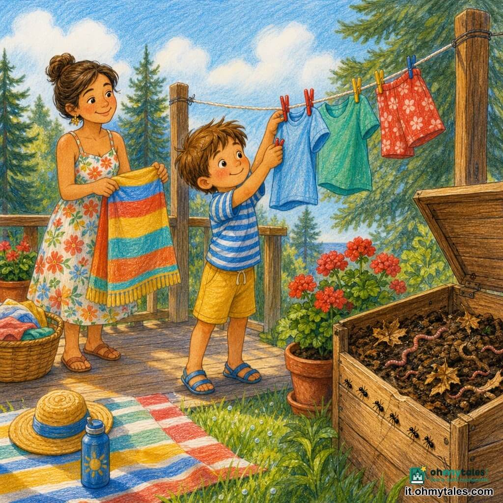 Bambino di 6 anni sorridente con capelli castano chiaro scompigliati, maglietta blu a righe e pantaloncini gialli, tiene due mollette rosse e stende una piccola maglietta azzurra su uno stendino alto; una donna di circa 35 anni con capelli castani raccolti a chignon e volto dolce, in abito estivo a fiori, sta dietro a sinistra a supervisionare e sorride porgendo un asciugamano da spiaggia; un compost marrone aperto con terra scura, foglie secche, qualche lombrico e formiche in fila; terrazza in legno soleggiata bordata di pini, corda per stendere tra due pali, vasi di gerani rossi e una coperta a righe sull'erba verde con rugiada; scena principale: un pomeriggio d'estate tranquillo in cui il bambino aiuta a stendere il bucato, il vento fa svolazzare i panni colorati come piccole onde, atmosfera calda e attenta.