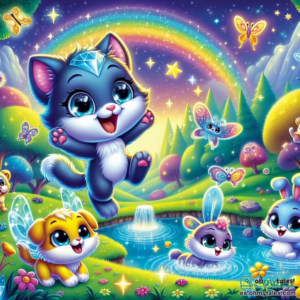 Un pequeño gato llamado Luna, con un pelaje brillante que cambia de color, expresa una gran alegría saltando con entusiasmo en un mundo mágico. Sus ojos brillan de emoción mientras descubre un paisaje de ensueño. A su lado, un adorable conejo con alas de mariposa, llamado Brillo, sonríe con asombro, listo para volar. Un perro mágico, con una cola brillante, se queda un poco atrás, concentrado en un truco de magia, mientras un pez colorido nada en el aire, rodeado de burbujas luminosas. El decorado es un mundo encantador, lleno de árboles brillantes como diamantes, flores cantantes y un cielo salpicado de estrellas brillantes. A lo lejos, un gran arcoíris conduce a una fuente de agua que brilla con todos los colores. La escena principal muestra a Luna y sus amigos maravillándose ante la fuente de la felicidad, listos para beber y descubrir las maravillas que les esperan.