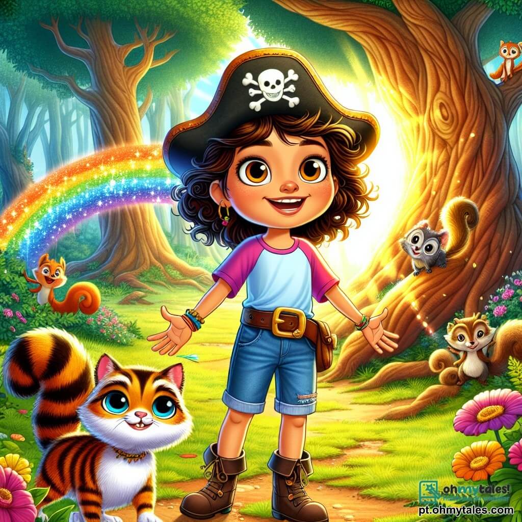 Uma menina de 12 anos, chamada Lola, está no centro da imagem, com cabelos cacheados e um grande sorriso no rosto, mostrando sua determinação e entusiasmo. Ela usa uma camiseta colorida, um short de jeans e um chapéu de pirata que lhe dá um ar aventureiro. Ao seu lado, seu gato, Tico, um pequeno felino de olhos brilhantes e pelagem listrada, observa com curiosidade, pronto para acompanhá-la em sua jornada. Ao fundo, um grupo de esquilos travessos, com caudas fofas e olhos travessos, observa Lola rindo, empoleirados em um galho, adicionando um toque de magia à cena. O cenário é uma floresta encantada, repleta de árvores majestosas com troncos grossos e folhas verdes vibrantes. Flores coloridas salpicam o chão, e um raio de sol filtra pelas folhas, iluminando a cena com uma luz dourada. Lola se prepara para atravessar uma linda ponte em arco-íris, que brilha em todas as cores, simbolizando o desafio que ela deve enfrentar. Ela está prestes a cantar uma canção para passar pela prova, com uma expressão de alegria e empolgação no rosto, enquanto os esquilos a incentivam com aplausos.