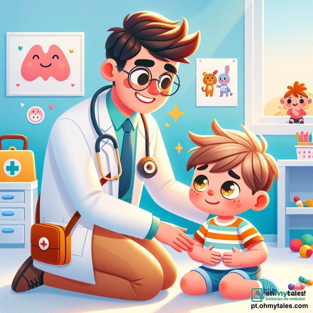 Um homem, o doutor Pedro, sorridente e bondoso, veste um jaleco branco brilhante. Ele tem cabelos castanhos e óculos redondos que lhe conferem um ar simpático. Ele está agachado, segurando uma maleta médica, conversando suavemente com um garoto chamado Tomás, que tem cerca de 6 anos. Tomás, com cabelos loiros bagunçados e olhos brilhantes, olha para o doutor com uma expressão de alívio, com a mão sobre a barriga. O cenário se passa em uma clínica iluminada e acolhedora, com paredes pintadas de azul pastel e desenhos de animais sorridentes pendurados. Brinquedos coloridos estão espalhados pelo chão, e uma grande janela deixa entrar a luz do sol. A situação principal mostra o doutor Pedro tranquilizando Tomás, que se queixa de dores na barriga. O doutor lhe explica calmamente que ele logo se sentirá melhor, enquanto outras crianças brincam alegremente ao fundo, criando uma atmosfera calorosa e reconfortante.