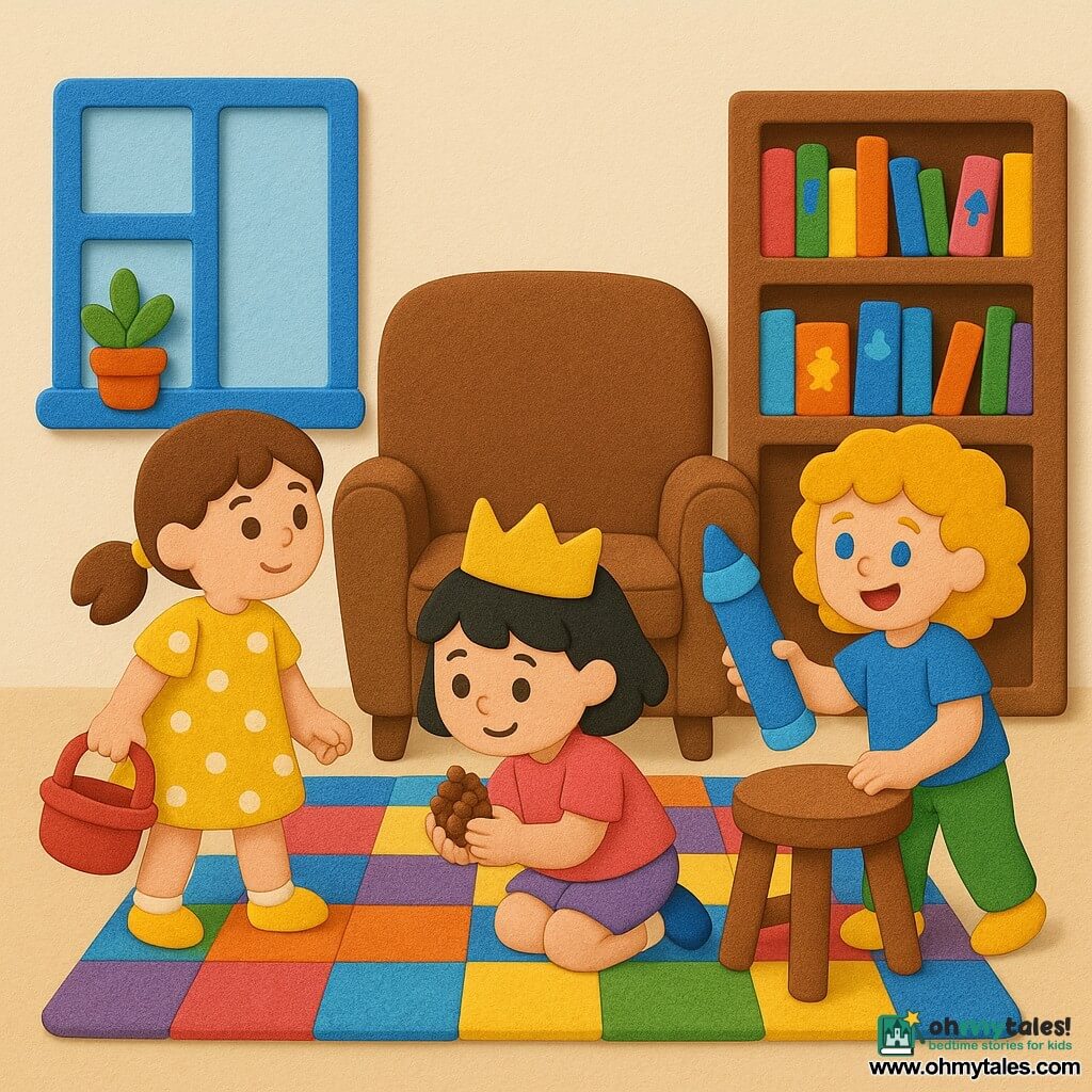 Three girls (about 5: brown pigtails in a yellow polka-dot dress holding a small red basket; about 4: short black hair with a paper gold crown crouching by the armchair holding a small pinecone; about 5: curly blonde hair in a blue t-shirt and green pants holding a large blue pencil like a wand and steadying a low stool) in a warm living room with a colorful square rug, a window with a plant, a bookshelf of picture books and a brown armchair; flat, opaque, sticker-like textures. They are playfully searching for hidden treasures around the window, armchair and shelf, with gentle, attentive gestures and joyful, conspiratorial expressions.