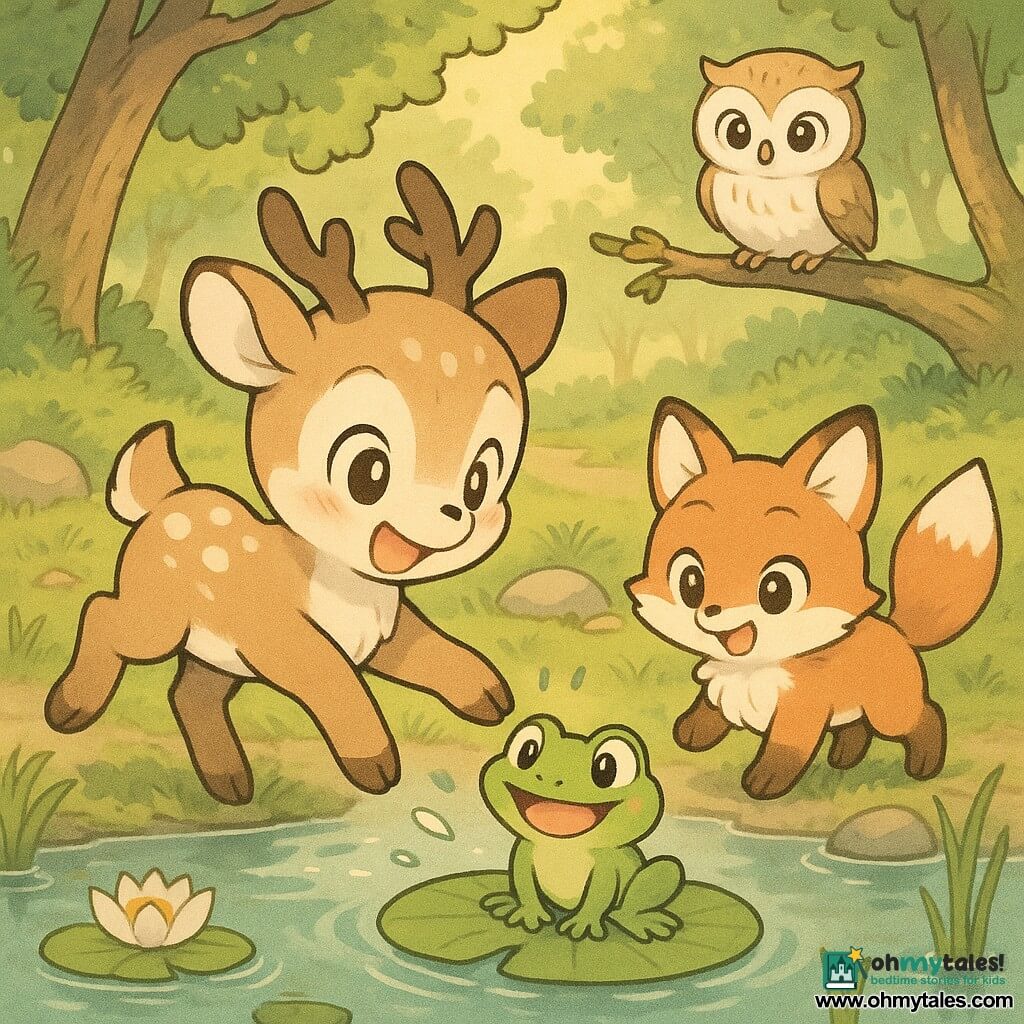 A small soft round fawn with light brown fur speckled with cream, big bright round eyes and a gentle smile jumps happily, reaching a hoof toward a leaf on the water; a small red fox with silky fur and shy mischievous eyes trots to the fawn’s right with a bushy tail; a shiny green frog with bulging eyes sits on a large floating leaf in the pond, looking at the fawn with happy surprise; a small beige owl with wise eyes perches on a low branch above the pond watching gently; setting: a wooded clearing with thick green moss, smooth stones, water lilies and reeds, soft late-afternoon light; scene: friends play by the pond as the fawn helps the frog onto the leaf while the fox applauds and the owl watches, calm and kind atmosphere; style: simple rounded lines, warm pastel colors, exaggerated readable expressions for toddlers, soft uncluttered background.