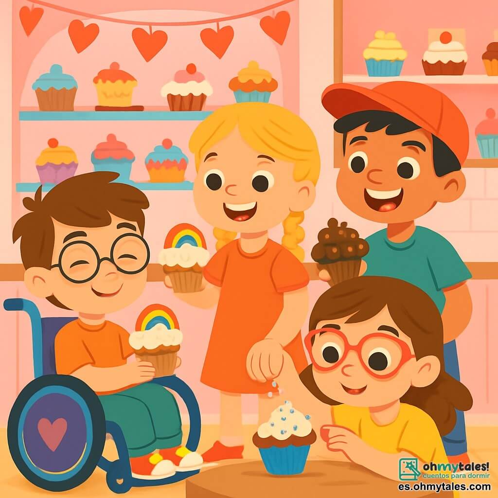 Hay 4 niños: - Lucas: un niño de 7 años, con cabello castaño desordenado y gafas redondas. Está sentado en una bonita silla de ruedas decorada con corazones. - Marta: una niña de 7 años, con cabello rubio trenzado y una sonrisa brillante. Está de pie junto a Lucas, sosteniendo un cupcake decorado con un arcoíris. - Sofía: una niña de 7 años, con cabello castaño y gafas en forma de corazón. Está agachada frente a una mesa, decorando un cupcake con purpurina de colores. - Diego: un niño de 7 años, con cabello negro y una gorra roja. Está de pie detrás de Sofía, sosteniendo un cupcake en forma de explosión de chocolate con una gran sonrisa. El lugar es una encantadora pastelería, con paredes pintadas de rosa pastel y estanterías llenas de pasteles y dulces. Guirnaldas de corazones de papel cuelgan del techo, y una gran vitrina muestra cupcakes coloridos, cada uno decorado de manera única. La atmósfera es alegre y festiva, llena del dulce aroma de las pastelerías. La situación principal muestra a los niños divirtiéndose decorando sus cupcakes para la fiesta de San Valentín, rodeados de colores vivos y risas, intercambiando ideas y sonrisas, creando dulces que simbolizan su amistad.