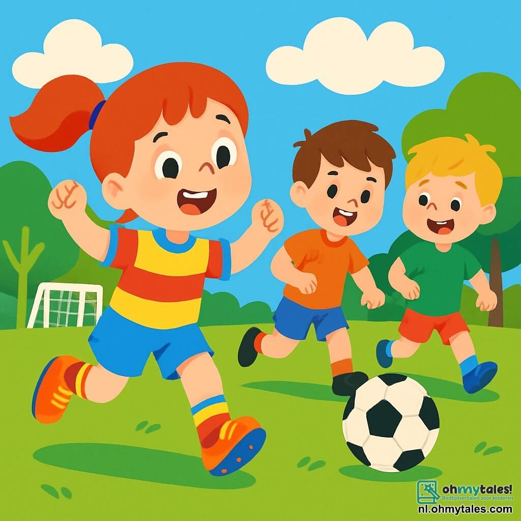 Sofie, een glimlachend meisje van ongeveer 10 jaar, draagt felle voetbalschoenen en een shirt in heldere kleuren. Ze is vol energie en vreugde, springend op het veld met enthousiasme. Naast haar dribbelen twee jongens van haar leeftijd, één met bruin haar en de ander met blond haar, terwijl ze lachen en plezier hebben. Het veld is groen, omringd door bomen met glanzende bladeren en een blauwe lucht met pluizige witte wolken. De belangrijkste situatie toont Sofie en haar vrienden die voetballen, samen naar het doel rennend, met gezichten verlicht door blijdschap en opwinding van het spel.