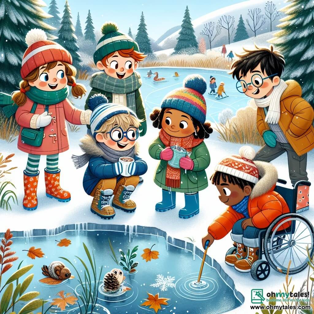 In a magical winter landscape, five friends stand by a frozen pond. Emma, an 8-year-old girl with curly hair and a red hat, spins around with a big smile, her rubber boots crushing the snow. Jack, a 9-year-old boy with round glasses and a blue jacket, crouches near the ice, watching the leaves trapped beneath the water. Amelia, an 8-year-old girl with braids and a colorful scarf, holds a cup of hot chocolate, gazing in wonder at the scenery. Lucas, a 9-year-old boy with brown hair in a green ski suit, approaches the pond with excitement, ready to explore. Max, an 8-year-old boy in a wheelchair, joyfully smiles, dressed in an orange puffer jacket, admiring his friends while holding a book about winter traditions. The setting is a snowy park with tall trees covered in sparkling snow, gentle flakes falling from the light gray sky, and soft hills on the horizon. The main scene shows the friends discovering an ancient oak by the pond, where they find a carved wooden box filled with winter figurines, symbolizing the magic of the season and the spirit of friendship.