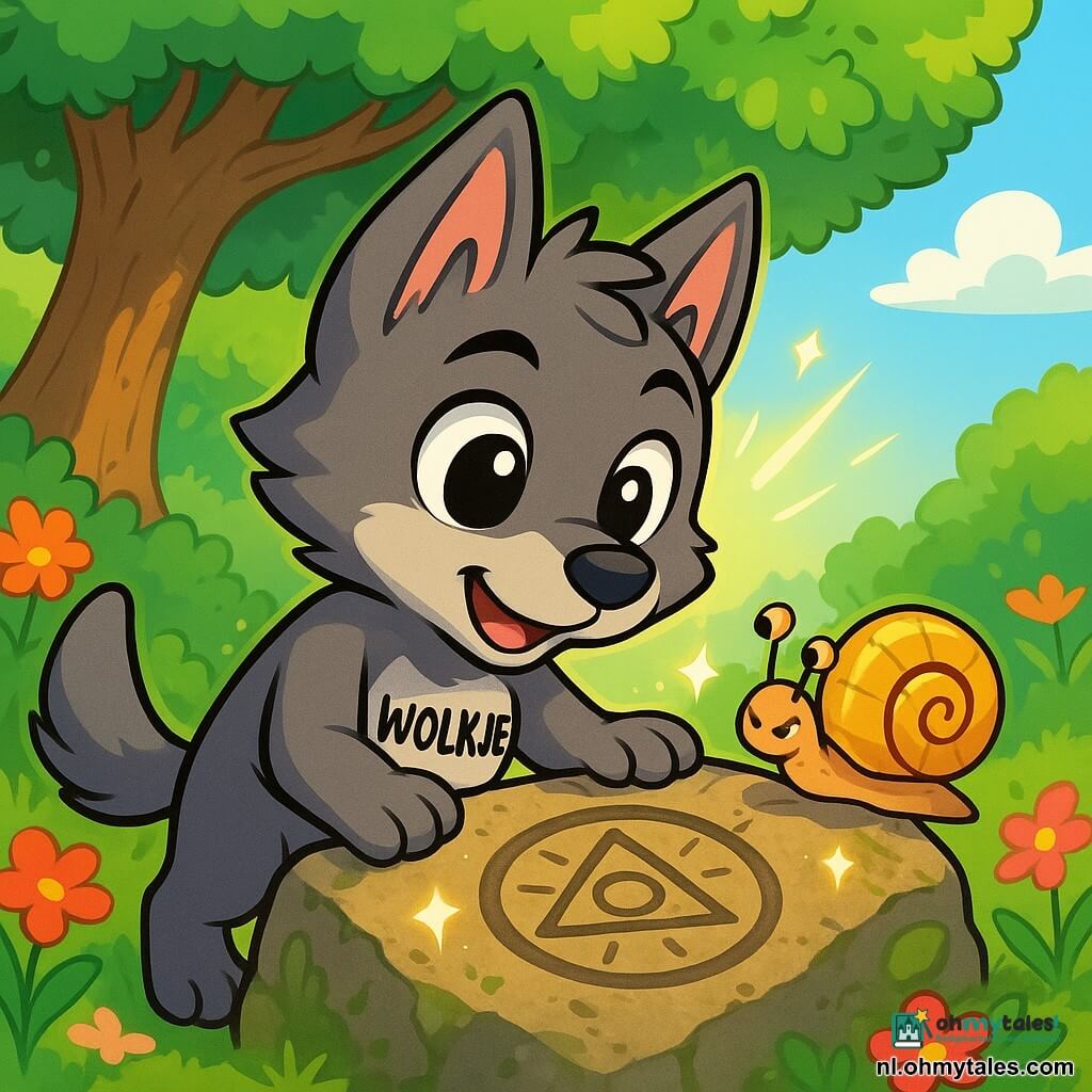 Een kleine grijze wolf genaamd Wolkje, met grote nieuwsgierige ogen en puntige oren, staat voor een oude steen versierd met een mysterieus symbool. Hij lijkt opgewonden en vastberaden, zijn voorpoten op de steen, terwijl hij aandachtig naar de gravure kijkt. Naast hem kruipt een klein slakje met een glanzende schelp, met een ondeugende uitdrukking, over de steen, alsof het hem wil helpen het mysterie op te lossen. De plek is een zonnige open plek, omringd door kleurrijke bloemen met heldere bloemblaadjes, met een majestueuze oude eik op de achtergrond, zijn takken uitgestrekt als verwelkomende armen. De hoofdsituatie toont Wolkje die de verborgen schat ontdekt, met lichtflitsen die om hem heen schitteren, wat een magische en avontuurlijke sfeer creëert.