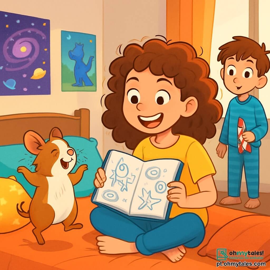 Uma menina de 12 anos, Olívia, com cabelos cacheados e bagunçados, e olhos brilhantes de travessura, está sentada em sua cama, cercada por almofadas coloridas. Ela sorri entusiasmada, segurando um caderno cheio de desenhos e ideias malucas. Ao lado dela, um porquinho-da-índia travesso chamado Tobias, com pelos sedosos e grandes orelhas, faz uma pequena dança na cama, com as patas levantadas, como se estivesse em uma performance. No canto do quarto, seu irmãozinho de 7 anos, Rafael, com cabelos castanhos bagunçados e um pijama listrado, os observa com um olhar curioso e divertido, segurando um pequeno brinquedo em forma de foguete. O quarto é decorado com pôsteres coloridos de galáxias e animais fantásticos, com brinquedos espalhados pelo chão e uma luz suave filtrando pelas cortinas. A cena principal mostra Olívia e Tobias planejando um piquenique noturno no tapete, cheios de empolgação e risadas, enquanto Rafael, intrigado, se pergunta que aventuras os esperam.