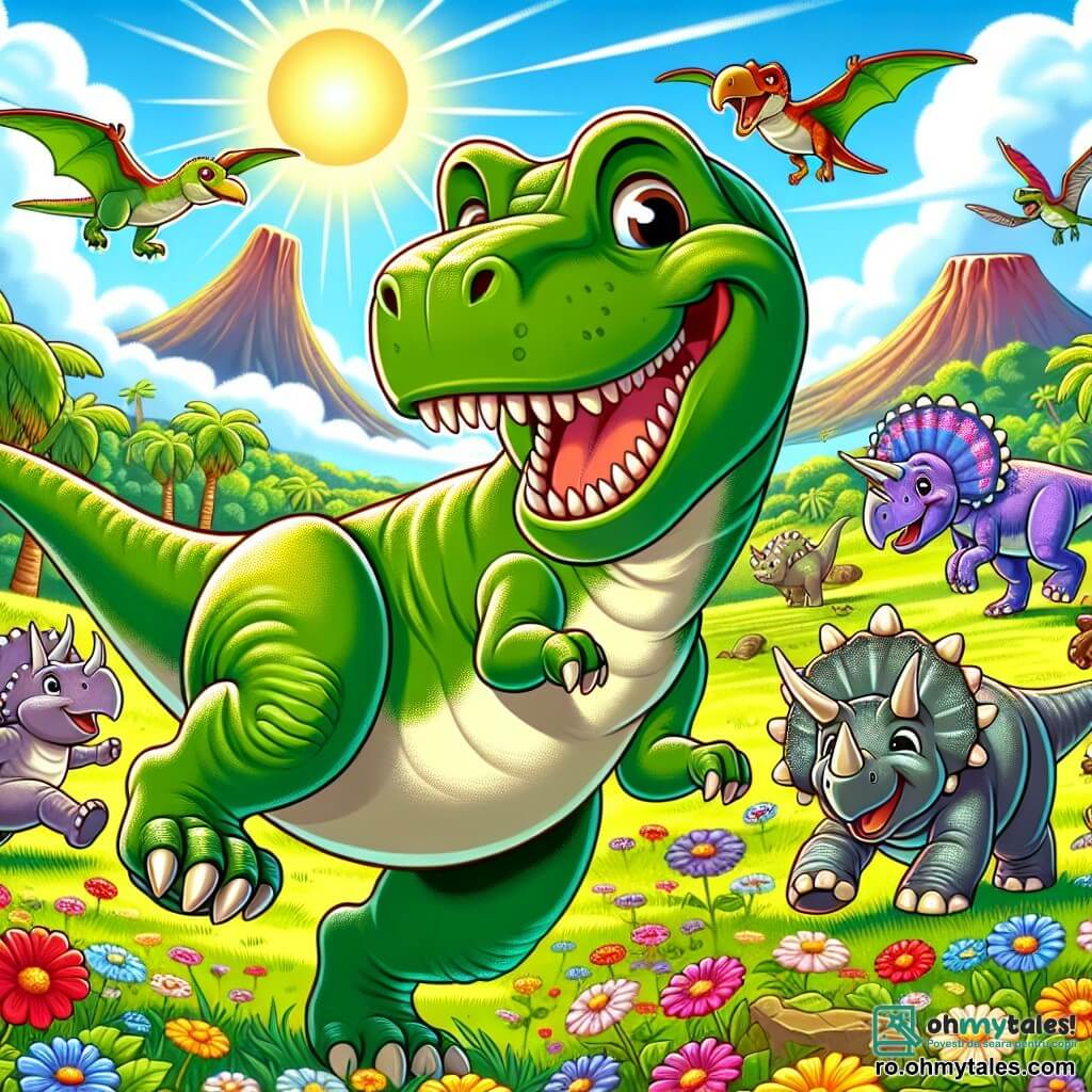 Un Tyrannosaurus Rex fericit, cu o piele verde și ochi strălucitori de bucurie, stă în centrul imaginii, zâmbind larg în timp ce se joacă cu prietenii săi. La dreapta sa, un Triceratops numit Trixie, cu trei coarne distincte și o piele albăstruie, râde sărind printre florile colorate. În fundal, Pterodactili cu aripi multicolore zboară vesel pe un cer însorit, în timp ce un Stegosaurus se odihnește liniștit pe iarba verde. Decorul este o vastă pajiște verde, presărată cu flori strălucitoare și înconjurată de vulcani fumegând în depărtare. Scena arată cum T-Rex și prietenii săi se distrează împreună, alergând și jucându-se într-un mediu vibrant și prietenos, plin de râsete și bucurie.