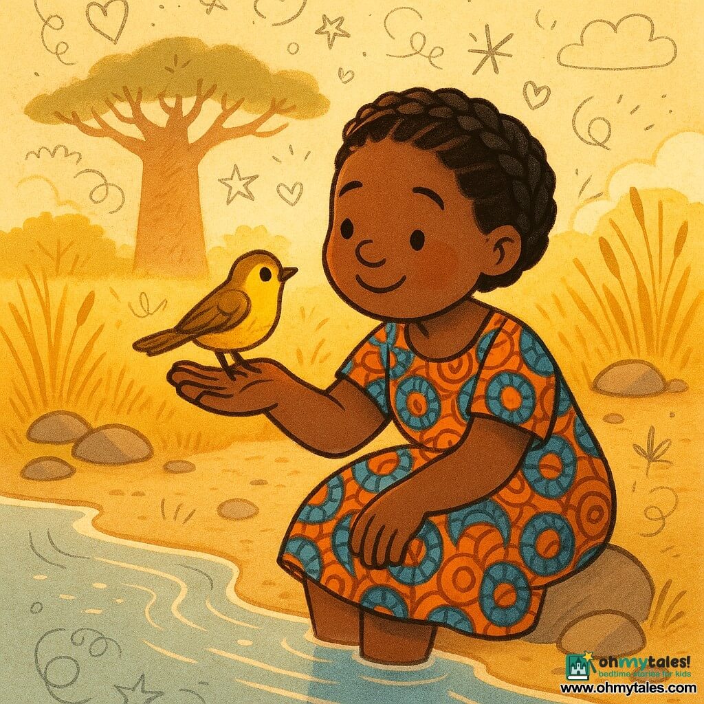 Ayo, a woman with a round smiling face, hazel skin and black hair braided into a crown, wears a colorful orange-and-blue wax-pattern dress and sits at a sparkling riverbank, smiling gently with her hand toward the water; a small lost yellow-and-brown bird perches trustingly on her palm. The sandy shore has tall golden grasses, smooth stones and a large baobab in the background; warm late-afternoon light casts silver reflections on the water and soft shadows, creating a tender, peaceful scene of a reassuring woman holding a fragile bird.