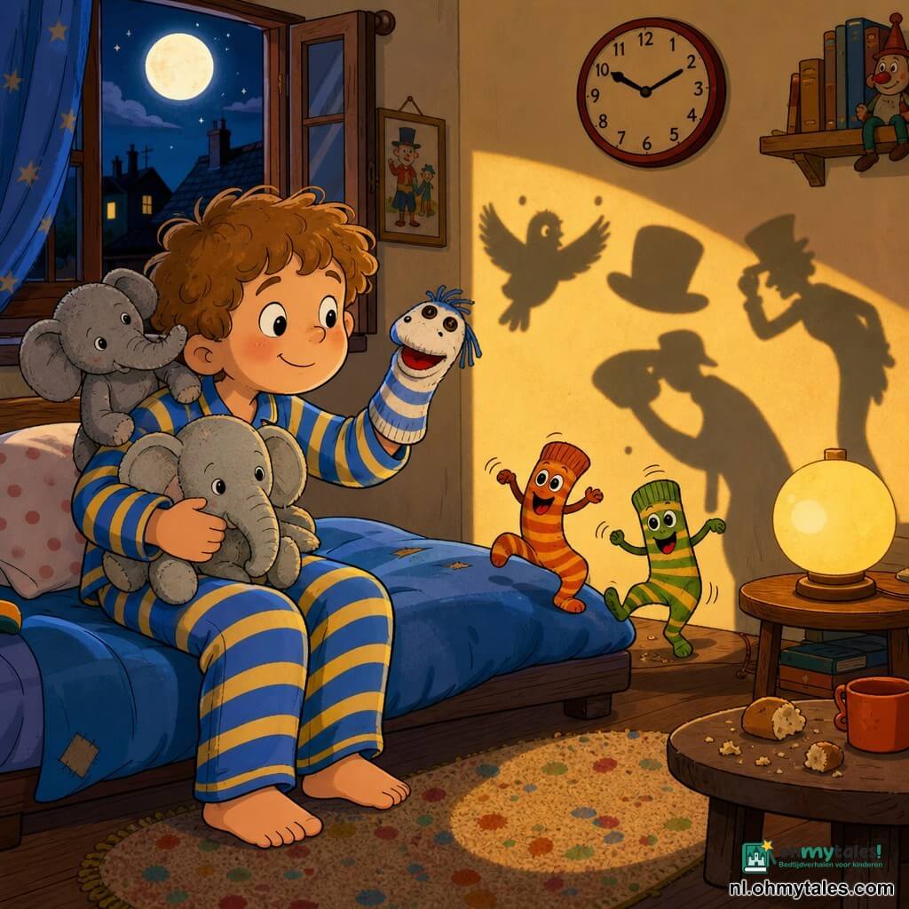 Een vrolijke, rustige jongen van 6 met lichtbruin krullend haar zit op de bedrand met een sokpoppetje op zijn hand en een grijs olifantknuffel op zijn borst; hij draagt blauw-geel gestreepte pyjama, heeft ronde glanzende ogen, een kalme glimlach en lichtroze wangen terwijl kleurrijke, dansende oranje-groene sokken op de deken bewegen en lange vriendelijke schaduwen op de muur vormen (vogel, hoed, buigende figuur) bij het raam; de woonkamer is als een podium ingericht met een warme ronde lamp, gevlekt tapijt, een wandklok met grote wijzers en kruimels op een houten tafeltje, terwijl de bleke maan zilverachtig licht door het open raam werpt — een warme, licht magische sfeer van zachtheid en verwondering terwijl de jongen glimlachend naar de dansende sokken en schaduwen kijkt, klaar om in slaap te vallen.