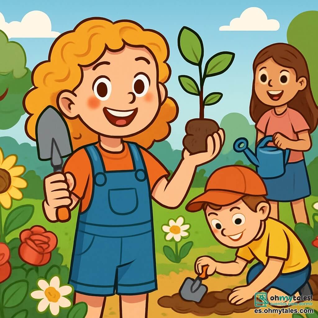 Una niña de 10 años, Clara, con cabello rizado y dorado, sonríe alegremente mientras sostiene una pala en una mano y una pequeña planta en la otra. Sus ojos brillan de emoción y determinación mientras se encuentra en el centro de un jardín colorido. A su lado, Lucas, un niño de 10 años con una gorra roja, se arrodilla cavando un agujero con una pequeña pala, concentrado y entusiasta. Sofía, una niña de 9 años con cabello castaño y una gran sonrisa, está un poco más lejos, sosteniendo una regadera, lista para regar las nuevas plantas. El jardín está lleno de flores brillantes de colores vivos: rosas, girasoles y margaritas, rodeadas de abundante vegetación. Al fondo, se ven majestuosos árboles y un cielo azul claro salpicado de nubes blancas esponjosas. La escena principal muestra a Clara y sus amigos plantando flores en el jardín de su escuela, un lugar alegre y animado, donde trabajan juntos con entusiasmo para embellecer su entorno y proteger la naturaleza.