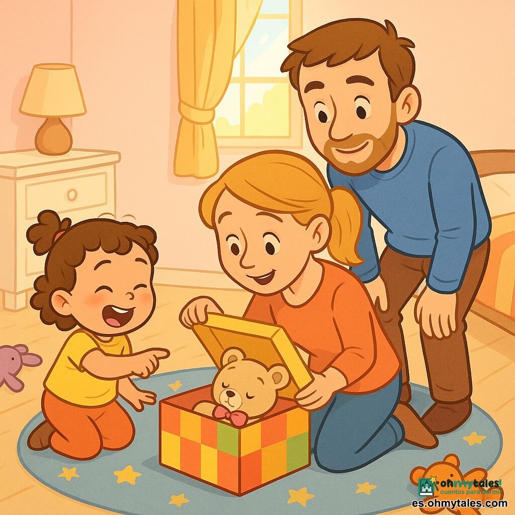Una niña de 2 años, feliz y aliviada, con rizos castaños en una pequeña coleta, señala riendo una caja donde aparece su osito de peluche beige con lazo rosa; la madre (unos 30 años), de rostro dulce y cabello rubio recogido, arrodillada junto a ella abre la caja, y el padre (unos 32), con barba ligera y cabello castaño, está detrás con las manos en las rodillas mirando con cariño; la habitación infantil tiene paredes rosa pálido, alfombra redonda con estrellas, cómoda blanca, cama con manta a rayas y peluches, luz cálida por la ventana; escena centrada en el descubrimiento del osito dormido, expresiones serenas y alegres, colores suaves y atmósfera tierna y segura.