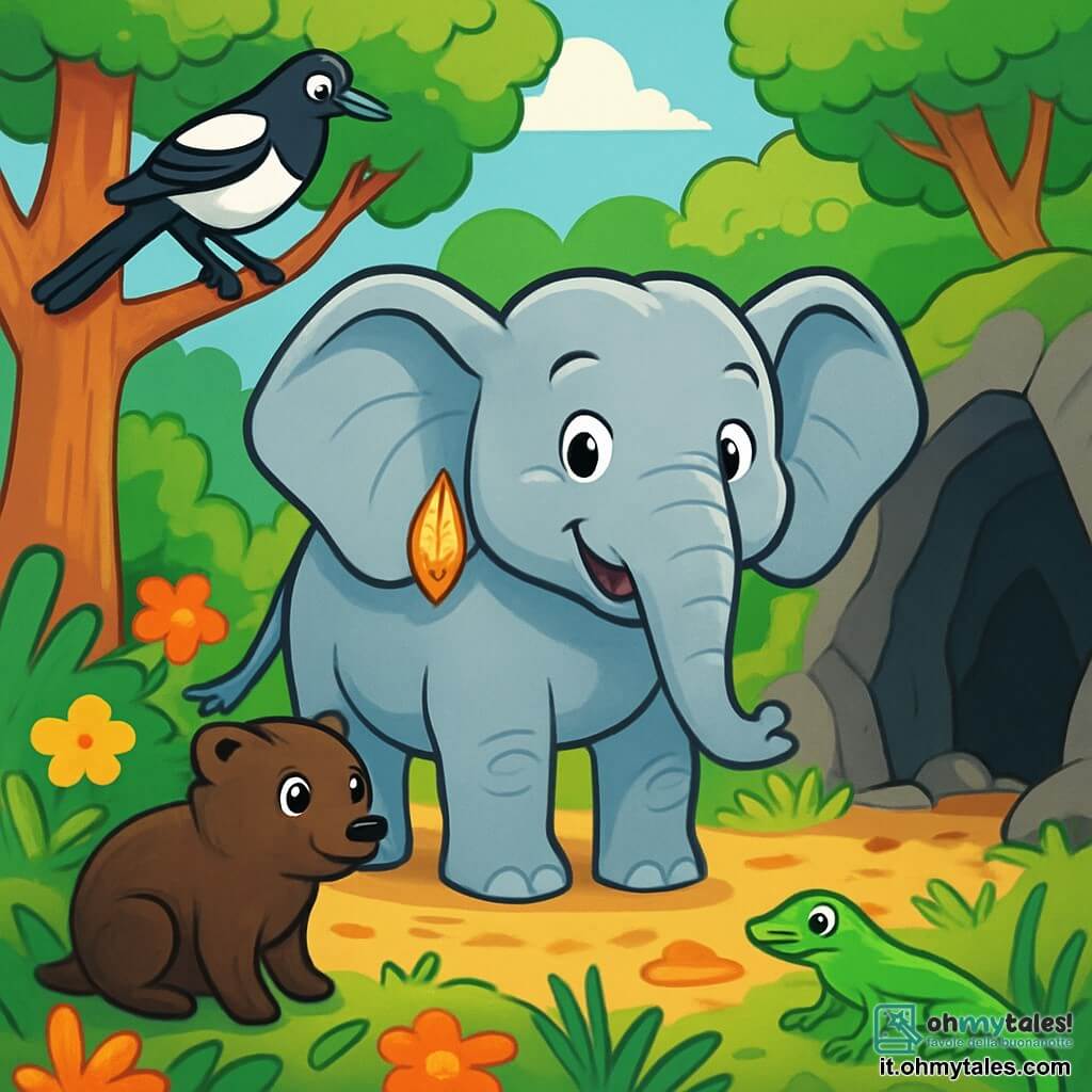 Un elefante dalle grandi orecchie, con un manto grigio argenteo lucente, si trova al centro della scena, con uno sguardo determinato e gioioso. Indossa un orecchino in foglia d'oro che scintilla alla luce. Accanto a lui, un piccolo tasso dal manto marrone scuro, con occhi vivaci e curiosi, osserva attentamente, pronto ad aiutarlo nell'avventura. Più in là, una gazza dalle piume nere e bianche, posata su un ramo, scruta l'ambiente con un'espressione maliziosa, mentre una lucertola verde, veloce e agile, si fa strada tra l'erba alta. La scena si svolge nella magnifica Foresta dei Sussurri, dove alberi maestosi si ergono verso un cielo azzurro e fiori colorati sbocciano attorno a loro, creando un quadro vivente di colori vivaci. Raggi di sole filtrano attraverso il fogliame, illuminando il terreno coperto di foglie dorate. L'elefante e i suoi amici si preparano a entrare in una misteriosa grotta buia, dove l'avventura li attende, determinati a trovare il Rubino della Sorgente. L'atmosfera è carica di eccitazione e mistero, mentre avanzano insieme, uniti dall'amicizia e dal coraggio.