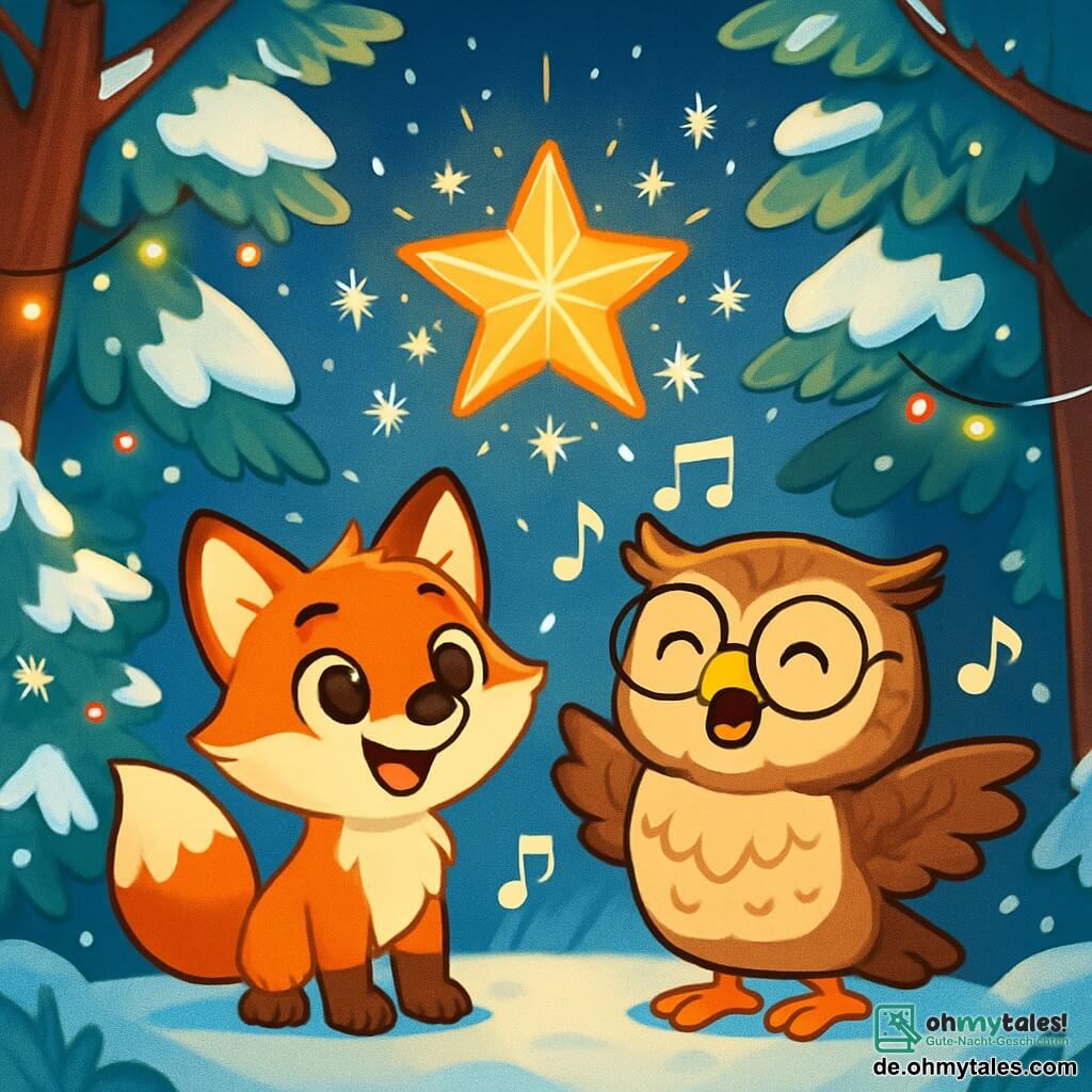 Ein kleiner roter Fuchs namens Finn mit großen leuchtenden Augen und einem fröhlichen Lächeln steht im Zentrum einer von goldenem Licht erhellten Lichtung. Er schaut begeistert auf einen wunderschönen leuchtenden Weihnachtsstern, umgeben von funkelnden Schneeflocken. Neben ihm steht eine weise Eule mit braunen Federn und runden Brillen, namens Herr Hoo, die stolz wirkt, mit leicht ausgebreiteten Flügeln, als wolle sie den Fuchs beschützen. Die Szene spielt in einem verzauberten Wald, wo die Bäume mit funkelndem Schnee bedeckt sind und bunte Lichter in den Ästen leuchten. Finn und Herr Hoo singen zusammen voller Freude, um dem Stern, der die Weihnachtsnacht erhellt, neues Leben einzuhauchen.