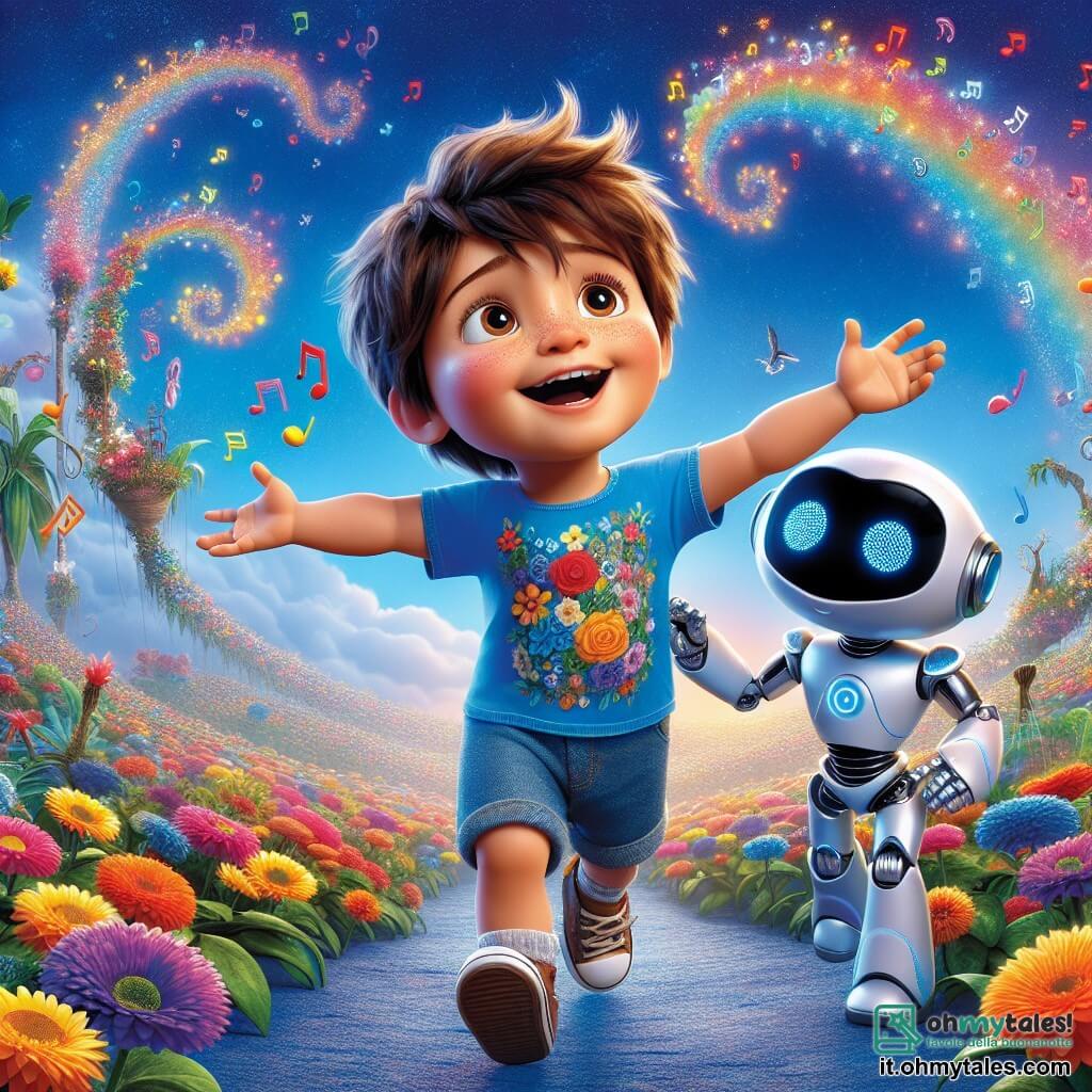 Un bambino di 3 anni, di nome Leo, con capelli castani disordinati e occhi brillanti di curiosità, balla felicemente in un giardino sospeso. Indossa una maglietta colorata con motivi floreali e pantaloni corti blu. Il suo viso irradia felicità mentre canta con fiori che emettono note musicali colorate intorno a lui. Accanto a lui, Rocco, un robot amichevole di forma umanoide, con una superficie argentata brillante e occhi luminosi, sorride incoraggiandolo. Rocco ha una voce dolce e osserva Leo con orgoglio. Il luogo è un giardino sospeso che fluttua nell'aria, pieno di piante lussureggianti e fiori brillanti di tutti i colori dell'arcobaleno. Palloncini colorati fluttuano intorno, sostenendo il giardino, mentre il cielo è di un blu profondo punteggiato di nuvole bianche e soffici. La scena principale mostra Leo e Rocco che celebrano la bellezza della loro città futuristica, circondati da fiori cantanti, in un'atmosfera gioiosa e magica, illustrando l'armonia tra natura e tecnologia.
