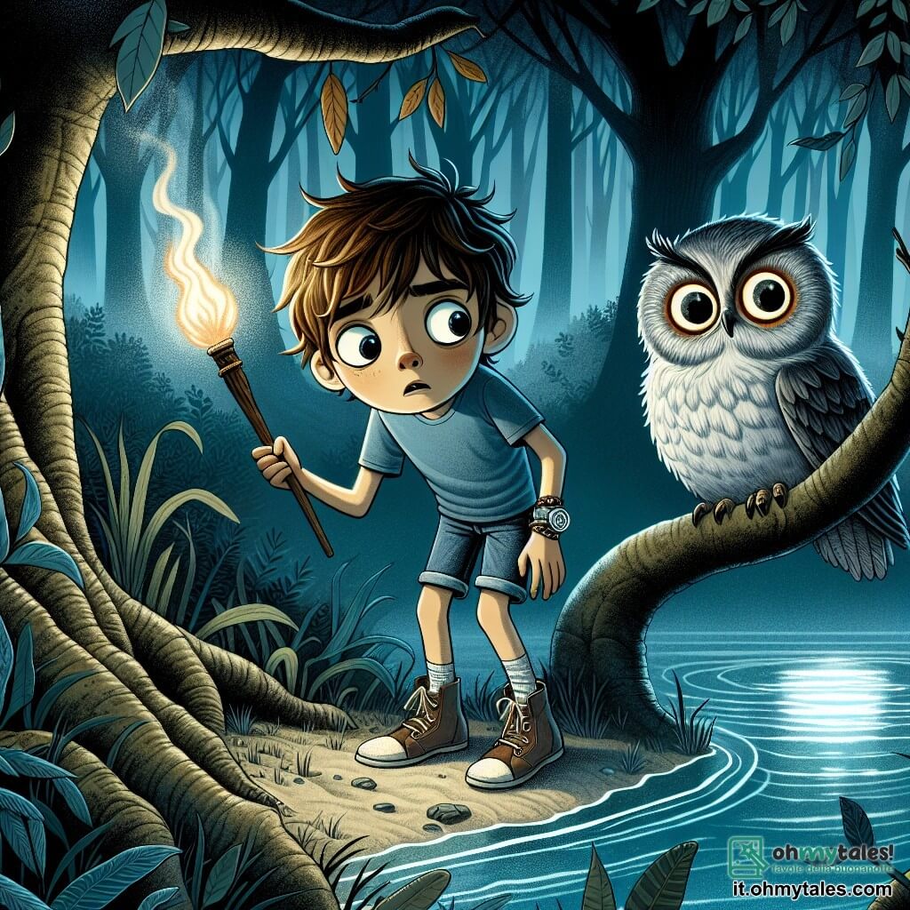 Un ragazzo di 12 anni, Leo, si trova in riva a un lago misterioso, con gli occhi spalancati dalla curiosità e dall'apprensione. Ha capelli castani spettinati, una maglietta blu e pantaloni corti di jeans, tenendo una torcia in una mano e un vecchio braccialetto d'argento nell'altra. Accanto a lui, un gufo dalle piume grigie e dai grandi occhi rotondi lo osserva, posato su un ramo, sembrando incoraggiarlo nella sua avventura. Il luogo è una foresta oscura e fitta, con alberi dai tronchi nodosi e foglie che sussurrano al vento. La superficie del lago è calma, riflettendo la luce della luna, mentre leggere nebbie fluttuano sopra l'acqua, creando un'atmosfera magica e inquietante. La situazione principale mostra Leo, esitante ma determinato, pronto a immergersi nei misteri del lago, mentre una silhouette eterea di una ragazza, Bianca, appare sulla superficie dell'acqua, invitandolo ad aiutarla a scoprire la verità sul suo passato.