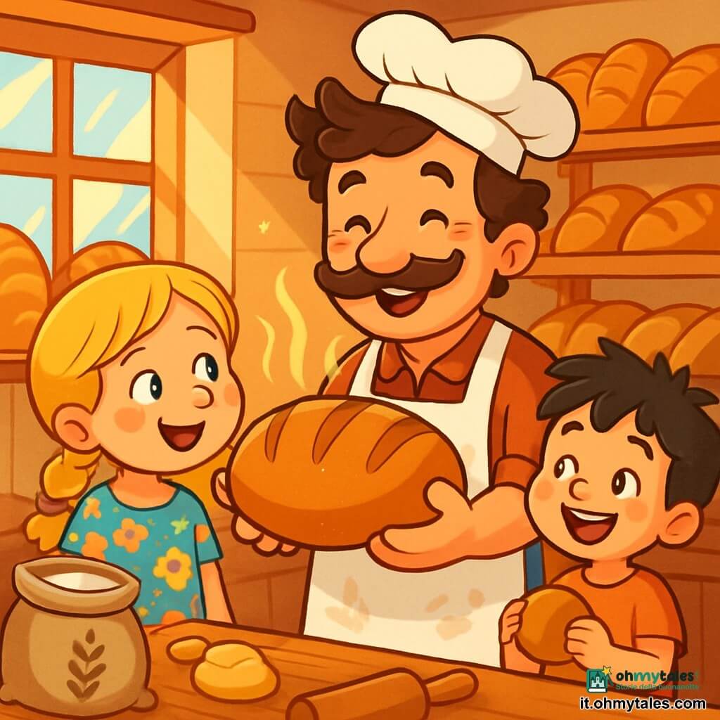 Un uomo sorridente, il panettiere Paolo, è al centro dell'immagine. Ha i capelli castani leggermente arruffati, guance rotonde e un divertente baffo. Indossa un grande grembiule bianco macchiato di farina e tiene tra le mani una grande pagnotta di pane dorato, emanando un calore confortante. Il suo viso irradia felicità e orgoglio. Accanto a lui, una bambina di circa 7 anni, con i capelli biondi intrecciati, guarda con meraviglia la pagnotta di pane. Indossa un vestito colorato a fiori e i suoi occhi brillano di gioia. Un bambino di 5 anni, con i capelli neri arruffati, si trova appena dietro di lei, tenendo un piccolo pane tra le mani, con un grande sorriso sul volto. La scena si svolge in una panetteria accogliente, con pareti in legno chiaro e scaffali pieni di pani di tutte le forme. I raggi di sole filtrano attraverso le finestre aperte, illuminando la stanza e creando un'atmosfera accogliente. Sacchi di farina e utensili da panetteria sono sparsi sul tavolo di legno. La situazione principale mostra Paolo mentre estrae una pagnotta di pane dal forno, mentre i bambini lo osservano con occhi meravigliati, impazienti di assaporare le sue deliziose creazioni.