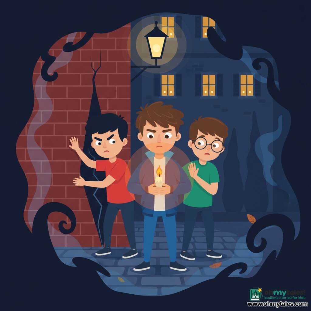 Three boys, about 12: a brown-haired boy in a blue jacket and jeans holds a small lit candle with both hands at the scene's center, determined, foreground; a short black-haired boy in a red T-shirt frowns and pushes slightly against the brick wall to the left; a round‑glassed boy in a green shirt, worried, keeps a hand near the candle to protect it, to the right. Night cobbled alley behind a bakery, red brick walls with a narrow glowing crack, an old lamppost casting soft yellow light, window shutters with night lights, damp cold atmosphere, some steam and dead leaves on the ground. The three have opened a secret seam in the wall and partly emerge into the alley; the candle creates a warm aura that repels creeping blue and black shadows at the edges; the window night lights seem to turn toward them. Composition centered on the candle, strong contrast between the warm ring of flame and bluish darkness, spiky shadow silhouettes in the background; deep night palette (midnight blue, indigo) with warm accents (orange, yellow), flat textures, simple shapes, crisp outlines.
