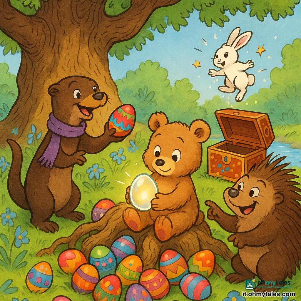 Tobia, piccolo orso marrone chiaro dal pelo morbido e sguardo timido, tiene un uovo di cristallo luminoso; la lontra Viola, slanciata dal pelo bruno e sciarpa viola, sorride offrendo un uovo dipinto, dietro a sinistra; Ernesto, istrice robusto dagli aculei bruni, indica una scatola di legno decorata a destra, pronta ad essere aperta; un minuscolo coniglio bianco salta fuori in una pioggia di scintille sopra la scatola; la scena sotto una quercia secolare dalle radici nodose in una radura illuminata, erba verde, campanule azzurro chiaro e un ruscello luccicante; azione principale: Tobia posa l’uovo di cristallo sulle radici e decine di uova colorate appaiono magicamente intorno a loro creando un’atmosfera gioiosa e festosa, colori vividi, dettagli nitidi e texture visibili (pelo, legno, lucentezza del cristallo).