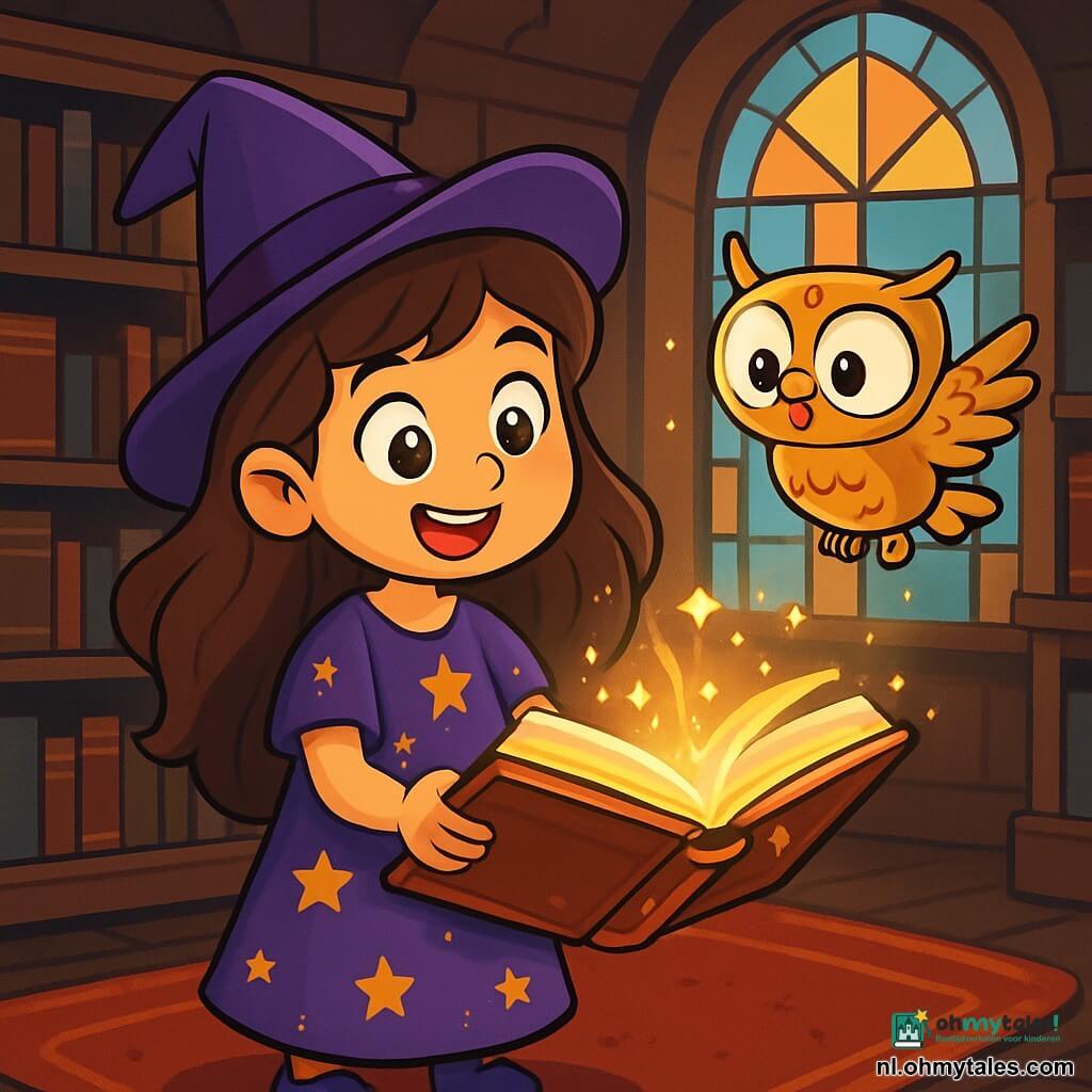 Een jong meisje, Luna, is een zevenjarige leerlinge heks, met lange golvende bruine haren en grote, nieuwsgierige ogen. Ze draagt een paarse jurk versierd met gouden sterren en houdt een open magisch boek in haar handen, haar gezicht verlicht door verwondering en opwinding. Naast haar zweeft een kleine uil met gouden veren, genaamd Odi, in de lucht, zijn ronde en ondeugende ogen observerend terwijl ze Luna nauwlettend in de gaten houdt, klaar om haar te helpen in haar avontuur. De scène speelt zich af in een oude bibliotheek, met donkere houten muren, planken vol stoffige boeken en stralen licht die door grote glas-in-loodramen filteren, wat een mystieke sfeer creëert. In het midden ligt een versleten rood tapijt op de vloer, wat een warme touch aan de sfeer toevoegt. Luna ontdekt een magisch boek dat zich voor haar opent, een sprankelende gloed vrijlatend en pagina's die vanzelf omslaan, terwijl Odi, de uil, haar de geheimen van de magie om haar heen uitlegt.