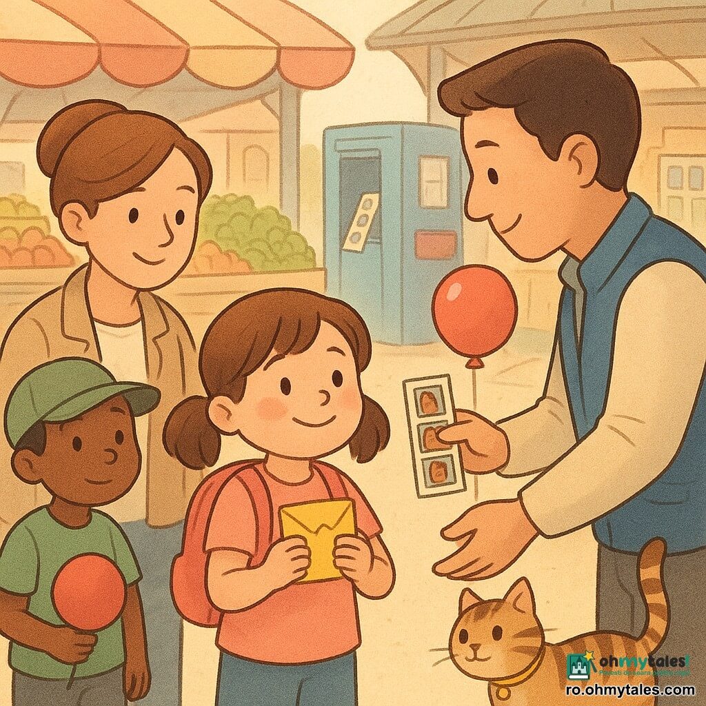 O fetiță de 6 ani, Mara, privește ușurată și mândră, ținând aproape de piept un plic mic galben pliat; mama (≈30 ani) stă în stânga cu un zâmbet calm și o mână pe umărul ei; Luca, un băiat de 6 ani cu șapcă verde, ține un balon roșu și arată o bandă de fotografii puțin în spate, în dreapta; un bărbat înalt (≈40 ani) cu vestă albastră îi înmânează plicul, aplecându-se blând, cu o expresie binevoitoare; o pisicuță tigrată cu zgărdiță cu clopoțel se strecoară în prim-plan; locul e o mică hală acoperită de piață cu tarabe colorate, lăzi de lemn, un fotomat albastru de unde iese o bandă foto și o cutie poștală mare roșie lângă standul de cartele; scena centrală surprinde momentul predării plicului, cu lumini calde, culori pastelate, texturi moi, linii rotunjite și contururi fine, umbre delicate și o atmosferă calmă și veselă.