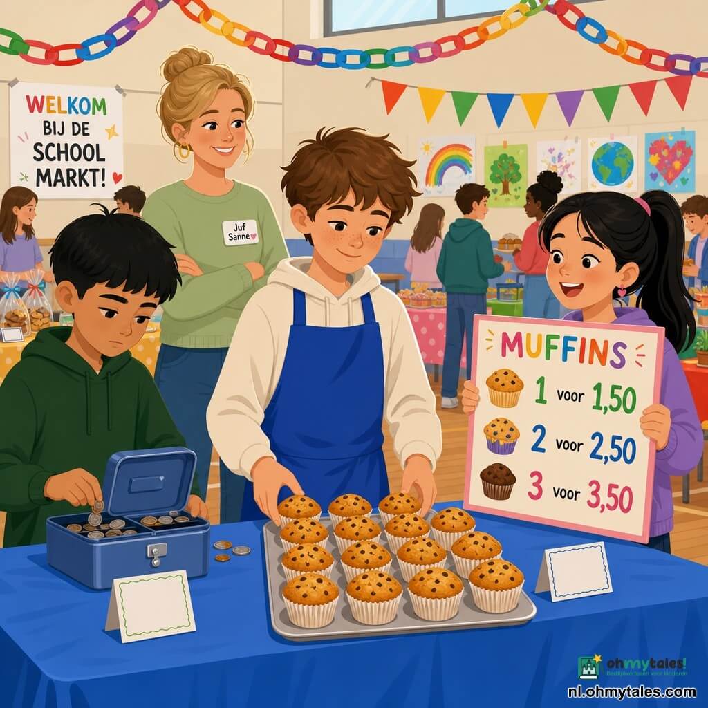 Milo, 12-jarige jongen, sereen en geconcentreerd, glimlachend met lichtrode wangen en warrig bruin haar, draagt een te groot blauw schort en zet twee bakjes met goudbruine muffins in rijen van drie op tafel; Yara, ongeveer 12, levendig met zwart paardenstaart, houdt rechts een kleurrijk bord met muffintekeningen en grote prijsletters; Kenan, ongeveer 12, serieus en georganiseerd met kort haar, staat links en houdt een open kassalade waarin hij munten sorteert; juf Sanne, volwassen, kalm en zorgzaam met opgesloten blond haar, staat wat terughoudend glimlachend toeziend; locatie: schoolzaal met grote tafels met gekleurde tafelkleden, papieren slingers aan het plafond, kindertekeningen aan de muren en zacht licht van hoge ramen; situatie: druk maar hartelijk schoolmarktje, duidelijke etiketten met tekeningen en prijzen, klanten naderen, samenwerkende en ordelijke sfeer.