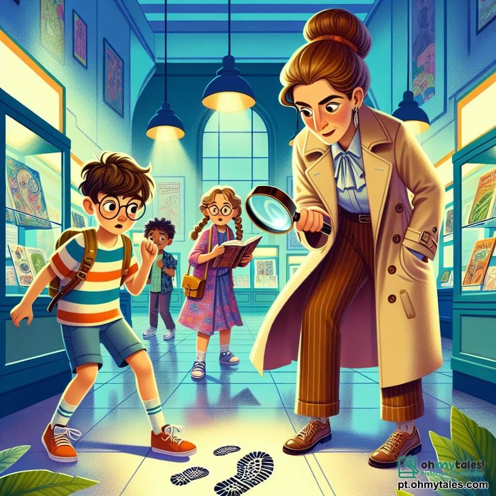 Helena, uma detetive de trinta e poucos anos, tem cabelo castanho preso em um coque e usa um trench coat bege. Seu rosto expressa determinação e curiosidade, com olhos vivos que observam a cena. Ela segura uma lupa na mão direita, examinando atentamente uma pegada no chão. Ao seu lado, Lucas, um garoto de 10 anos com óculos redondos e cabelo bagunçado, observa a pegada com fascínio. Ele veste uma camiseta listrada e um short, parecendo animado com a descoberta. Sofia, uma menina de 9 anos com cabelo loiro trançado, está inclinada sobre um livro aberto, procurando pistas. Ela usa um vestido colorido e tem uma expressão concentrada. A cena acontece em uma sala de exposições de uma escola, com vitrines de vidro, cartazes de projetos científicos nas paredes e uma iluminação suave que cria uma atmosfera misteriosa. Helena e as crianças descobrem uma pegada que os leva a um mistério a ser resolvido, enquanto buscam o troféu da feira de ciências desaparecido.