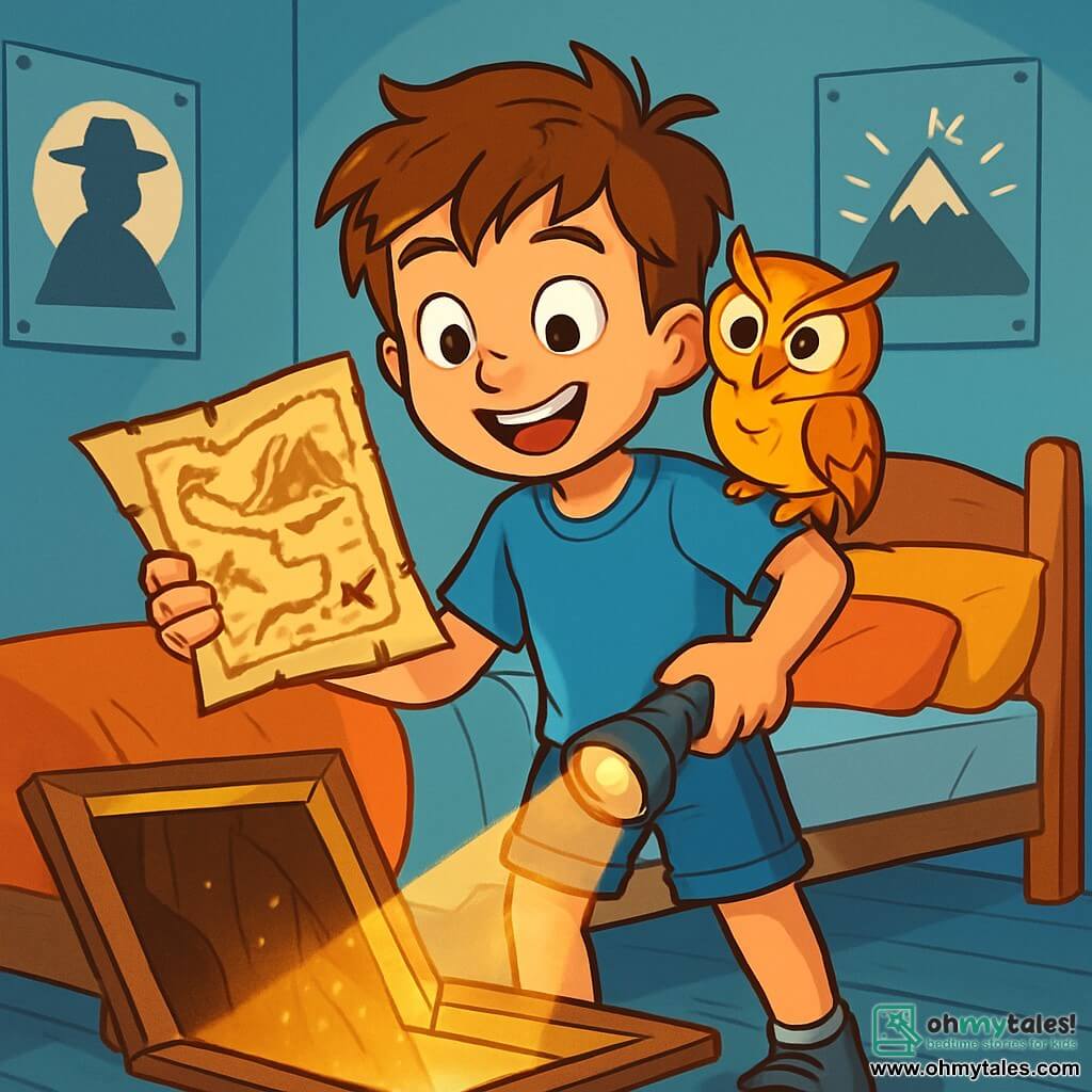 A 10-year-old boy named Oliver, with messy brown hair and sparkling curious eyes, stands at the center of the scene, a wide smile on his face. He wears a blue t-shirt and denim shorts, holding an old treasure map in one hand and a flashlight in the other, ready to explore. Next to him, a small owl with golden feathers perched on his shoulder seems to encourage him with a mischievous look. The setting is a child's room, with light blue walls, adventure posters hanging, and a messy bed filled with colorful cushions. On the floor, a wooden trapdoor is open, revealing a dark and mysterious tunnel illuminated by a golden glow that catches the eye. The main situation shows Oliver, excited and determined, ready to embark on an underground adventure in search of hidden treasure, while the owl seems to whisper secrets of ancient mysteries to him.