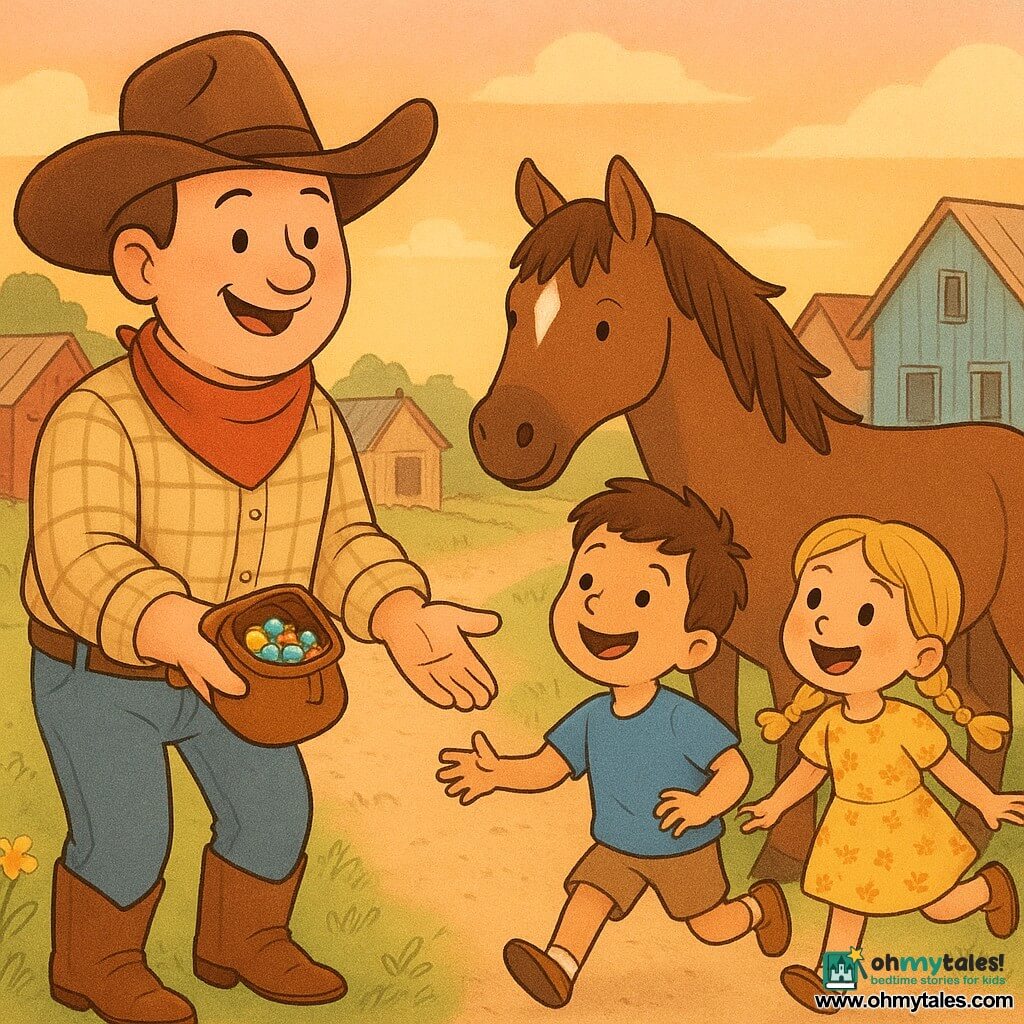 A smiling, relieved cowboy with a round face, fair skin, wide brown felt hat, red neckerchief, beige plaid shirt and shiny leather boots holds an open small leather pouch of shiny marbles and reaches toward children; a about-6-year-old boy with short brown hair and a blue t-shirt runs laughing with arms outstretched, and a about-5-year-old girl with blonde pigtails in a yellow floral dress jumps beside him, eyes wide at the sparkling marbles; Dusty, a large brown horse with a white forehead spot and soft mane, stands calmly near the cowboy; the village is a dirt lane with colorful wooden houses (red, blue, cream), corrugated roofs, a wooden fence and wild yellow and white roadside flowers; soft orange-pink sunset light, long shadows and warm colors; central scene of handing out shiny marbles, bright faces and an atmosphere of joy and safety after an adventure; soft comic style with rounded lines, saturated pastel colors and visible fabric and wood textures, child-friendly expressions.