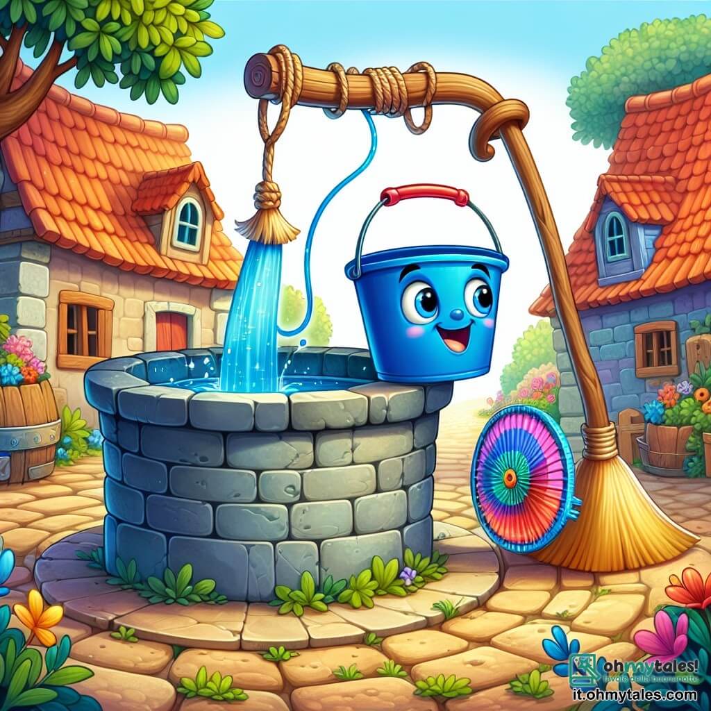 Un secchio di plastica blu, con un manico rosso che oscilla gioiosamente, si trova al bordo di un pozzo profondo, con occhi brillanti di eccitazione e anticipazione. Ha un ampio sorriso curioso, pronto a raccogliere la sfida di tirare l'acqua magica dal fondo. Accanto a lui, una scopa dalle setole dorate, con un'espressione divertita e incoraggiante, osserva la scena mentre tiene una corda nei suoi peli, pronta ad aiutare il suo amico. Un ventaglio colorato, che fluttua dolcemente nell'aria, sorride benevolmente, pronto a soffiare un colpo di vento per aiutare il secchio nella sua avventura. Il luogo è un pittoresco villaggio, con case colorate dai tetti di tegole, fiori vivaci lungo i sentieri pavimentati, e un antico pozzo in pietra, circondato da vegetazione lussureggiante e raggi di sole che filtrano tra le foglie. La situazione principale mostra il secchio che si prepara a tuffarsi nel pozzo, con un'espressione determinata sul suo viso, mentre i suoi amici lo incoraggiano, creando un'atmosfera di cameratismo ed eccitazione di fronte all'ignoto.