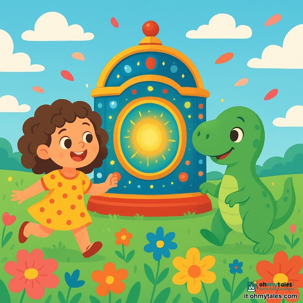 Una bambina di 4 anni, Sofia, con capelli ricci e castani, indossa un vestito giallo con pois rossi. Ha un grande sorriso meravigliato sul volto, gli occhi brillanti di eccitazione mentre scopre una macchina del tempo colorata, scintillante di luci vivaci. Accanto a lei c'è Dino, un piccolo dinosauro verde con una grande coda e occhi dolci, che le fa un occhiolino amichevole. Si trovano in un vasto prato verde, pieno di fiori giganti dai colori vivaci, sotto un cielo blu punteggiato di nuvole bianche. Sofia e Dino stanno giocando insieme, correndo gioiosamente tra i fiori, mentre una dolce brezza fa danzare i petali intorno a loro.