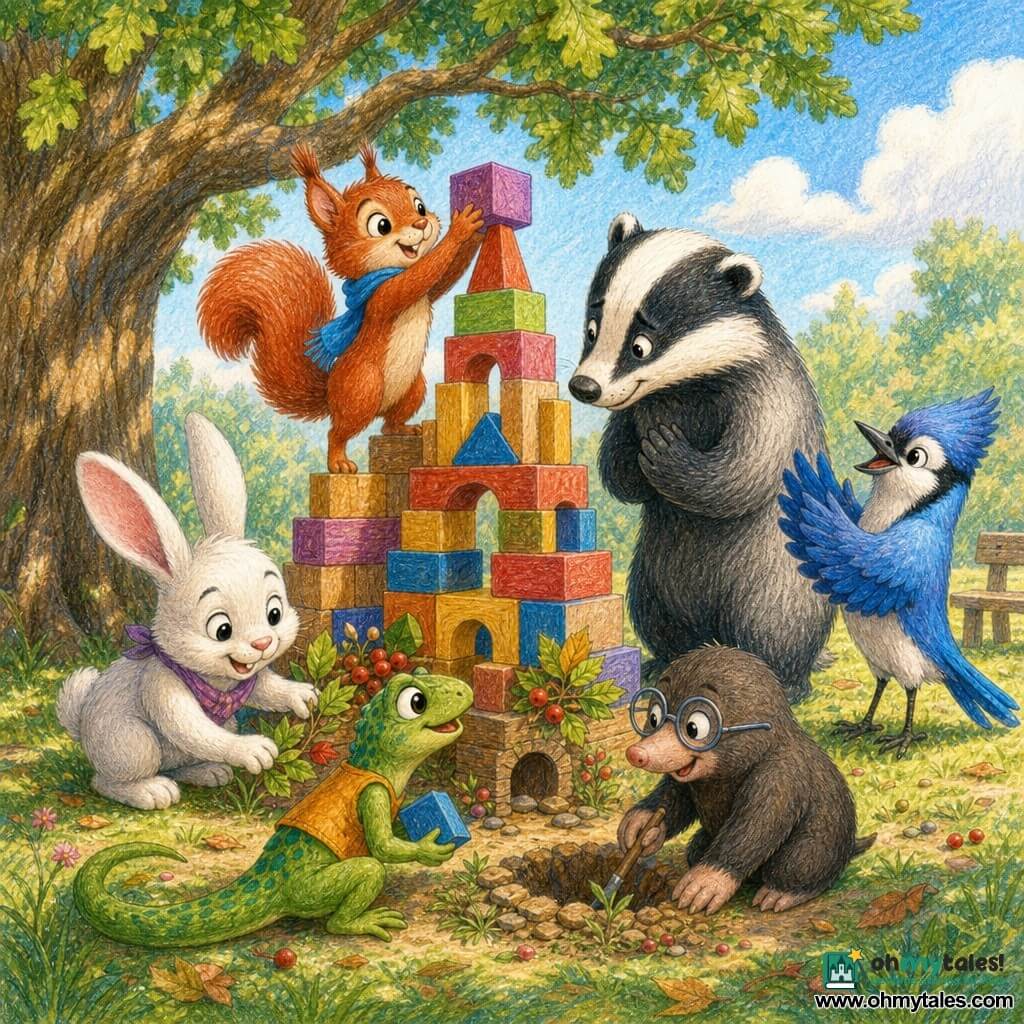 Sunny the Squirrel, main character: small red squirrel with bright eyes and a blue scarf, smiling confidently as she places the final colorful block atop a play tower; Bo the Badger: large gray-and-black badger with a shy but gentle expression, bowing slightly beside the tower; Jessie the Jay: bright blue bird with shiny feathers and half-open wings, clapping behind Sunny to the right; Ruby the Rabbit: small white bunny with long pink ears, joyful and crouched to the left decorating the tower base with leaves and red berries; Liam the Lizard and Max the Mole: a focused little green lizard holding a block and a smiling brown mole with glasses digging a small decorative hole, crouched in front of the tower working together; setting: outdoor schoolyard under a large green oak, soft grass dappled with light, wooden bench, pale blue sky with a few fluffy clouds, scattered colorful leaves and berries; main situation: a warm cooperative moment with all the animal children of different sizes placing the last block together, bright colors, soft colored-pencil style, expressions of friendship and equality, composition centered on the tower and circle of friends.