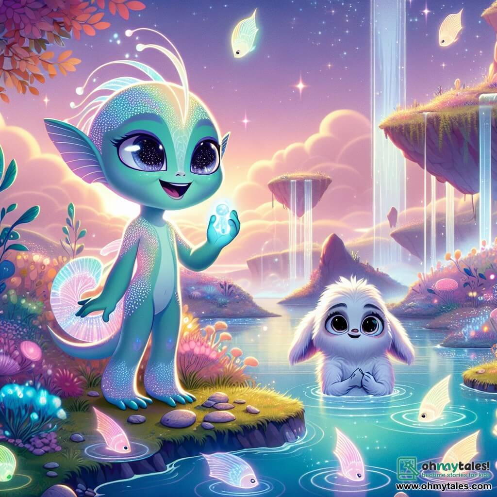 Zynara, a young alien with iridescent scales that change color with her emotions, stands by a sparkling pond on the planet Nuvoria. She radiates joy, her eyes sparkling with excitement as she admires the luminescent fish swimming beneath the surface. Beside her, Greeb, a large, gentle alien with fluffy fur and round eyes, smiles in wonder, holding a shiny rock in his paws. The setting is a fairy-tale landscape with pastel-colored floating islands, sparkling waterfalls, and luminescent flowers dancing in the breeze. The scene is bathed in a soft, warm light, creating a magical atmosphere. The main focus shows Zynara and Greeb sharing a moment of discovery, awed by the beauty of their surroundings, ready to explore the wonders of Nuvoria together.