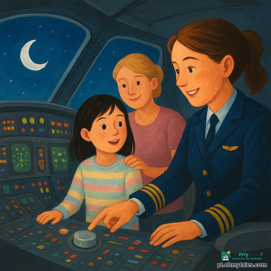 Uma piloto de cerca de 35 anos, cabelos castanhos apanhados em rabo de cavalo, uniforme azul-escuro com insígnias douradas, rosto sorridente, está no cockpit explicando instrumentos e apontando uma grande alavanca brilhante; Lia, 9 anos, cabelos pretos médios, pijama às riscas pastel, expressão maravilhada, mãos no painel, em pé junto à piloto; a mãe (35–40 anos), cabelos loiros em coque, roupa casual, olhar ternurento, mão no ombro de Lia atrás à esquerda; cockpit amplo e iluminado, grandes janelas mostrando um céu noturno com lua prateada, painéis com botões coloridos e ecrãs verdes, assentos de couro cinza, atmosfera calma e reconfortante, luzes quentes nos rostos, foco na interação entre a piloto e a menina.