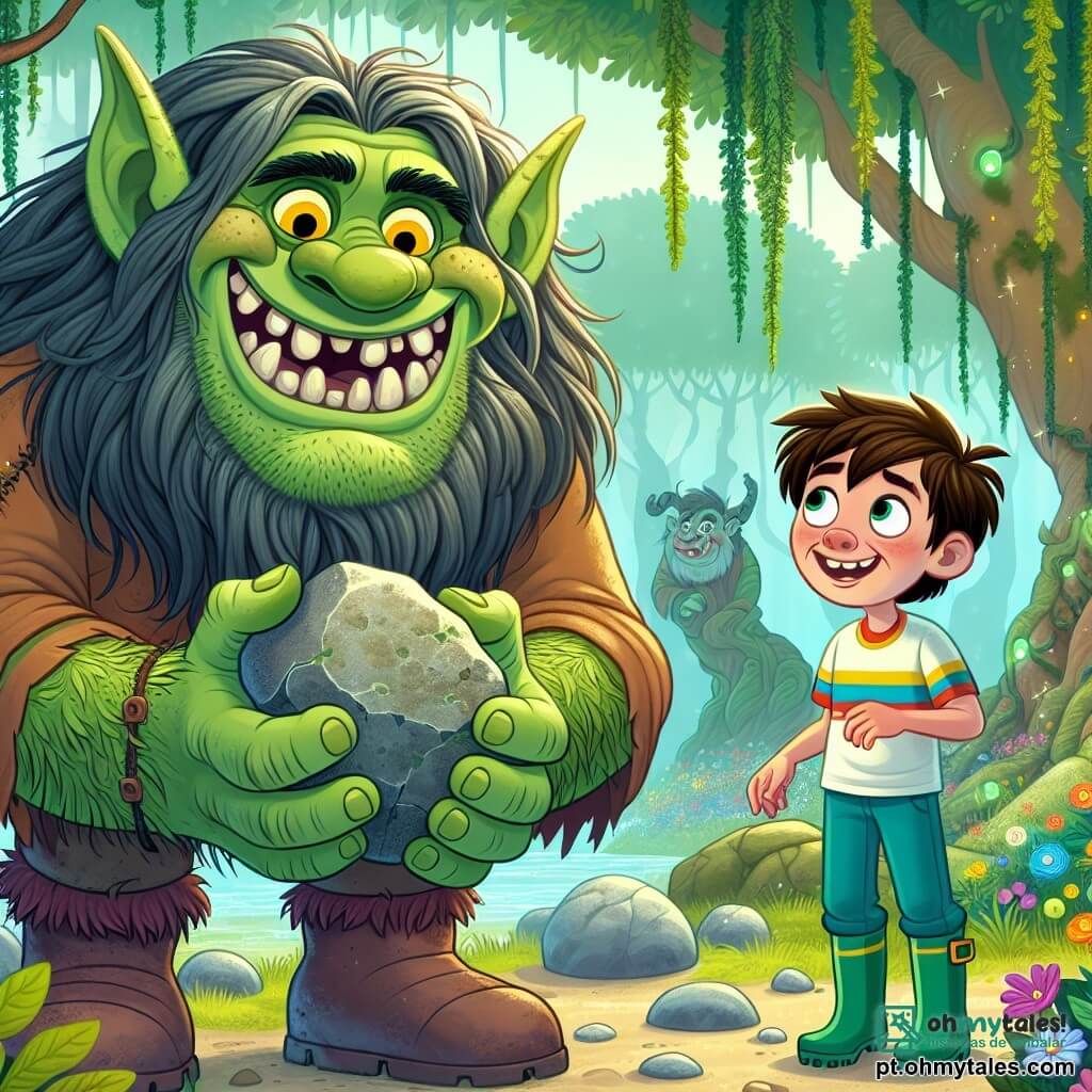 Um ogro benevolente, chamado Grunthar, está no centro da cena, com pele verde e rugosa, cabelos longos e desgrenhados, e olhos amarelos brilhando de bondade. Ele sorri amplamente, mostrando seus grandes dentes, enquanto segura uma pedra antiga coberta de musgo em suas mãos. Ao lado dele, um garoto de nove anos, Lucas, com cabelos castanhos e olhos brilhantes de curiosidade, observa a pedra com admiração. Ele usa botas de borracha e uma camiseta colorida, aproximando-se do ogro com um olhar determinado. O cenário se passa em um pântano mágico, onde árvores majestosas com folhas verdes e brilhantes se erguem ao redor. Uma leve névoa flutua sobre a água, e flores coloridas crescem ao longo do caminho lamacento, criando uma atmosfera encantada. Grunthar explica a Lucas que a pedra é o Coração do Pântano, revelando que ele deve enfrentar desafios para descobrir os segredos do pântano. O ogro e o garoto compartilham um momento de excitação e camaradagem, prontos para embarcar em uma aventura incrível.