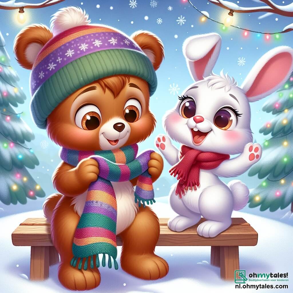 Een klein teddybeer genaamd Benny, met een zachte bruine vacht en sprankelende ogen van blijdschap, zit op een houten bank in een besneeuwd park, terwijl hij een mooie kleurrijke sjaal vasthoudt die hij net heeft gebreid. Hij glimlacht breed, vol opwinding en trots. Naast hem kijkt Kiki het konijn, met een donzige witte vacht en grote oren, met verbazing naar de sjaal, met een grote glimlach op haar gezicht. Ze staat rechtop, huppelend van enthousiasme, met haar voorpoten omhoog als teken van vreugde. De plek is een magisch winterpark, met bomen bedekt met glinsterende sneeuw, sneeuwvlokken die zachtjes uit de helderblauwe lucht vallen, en kerstlichtjes die in de takken van de bomen schitteren. De belangrijkste situatie toont Benny die de sjaal aan Kiki aanbiedt, beiden omringd door een feestelijke sfeer, vol vreugde en vriendschap, samen de magie van Kerstmis vierend.